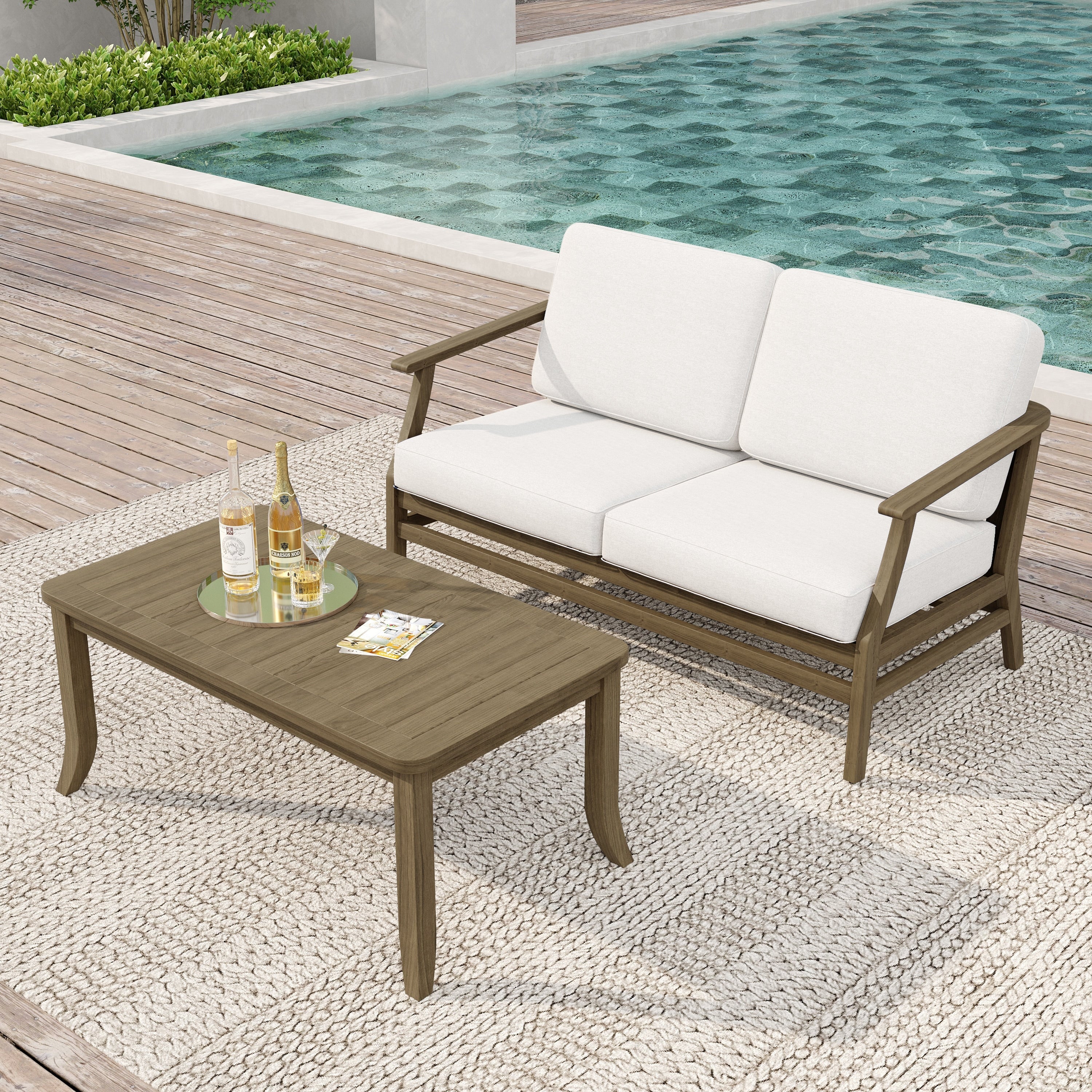 Teak Wood Patio Outdoor Loveseat Sofa And Coffee Table Set With Cushion