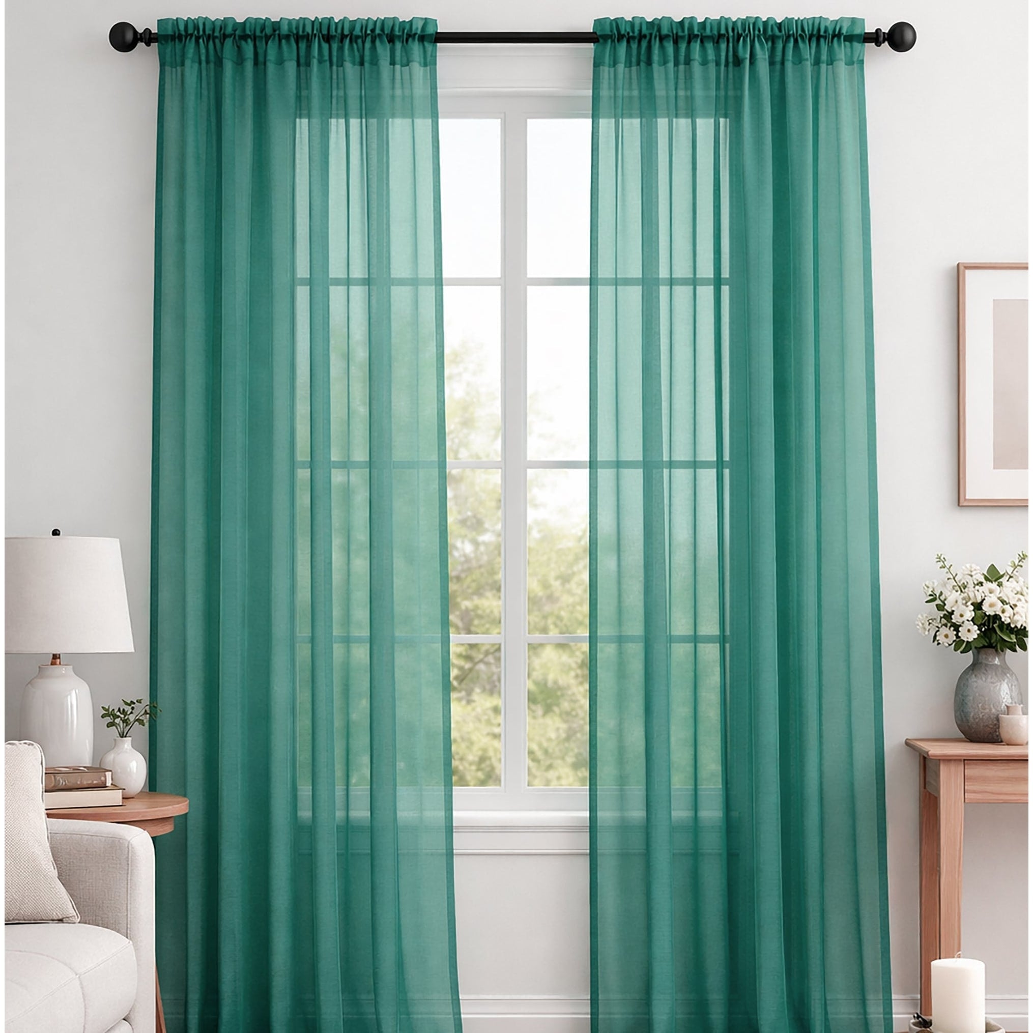 Teal Sheer Window Rod Pocket Curtain Set 90 Inches Long 2 Panels