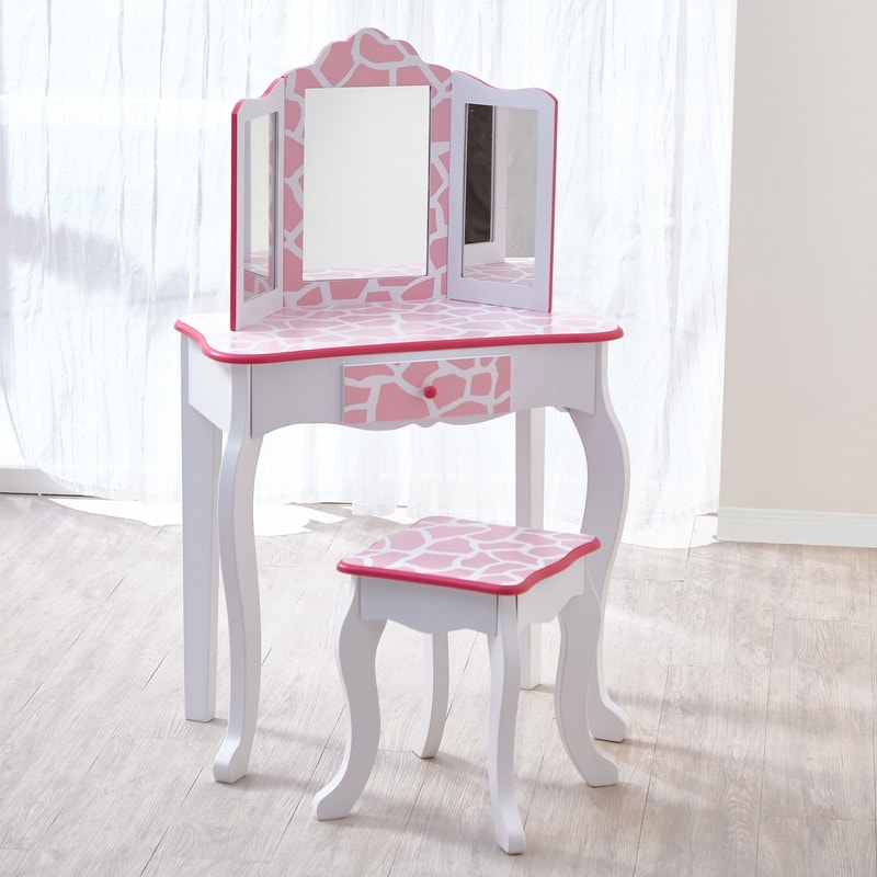 Teamson Kids Fashion Prints Vanity Stool Set With Mirror Giraffe Baby Pink White White