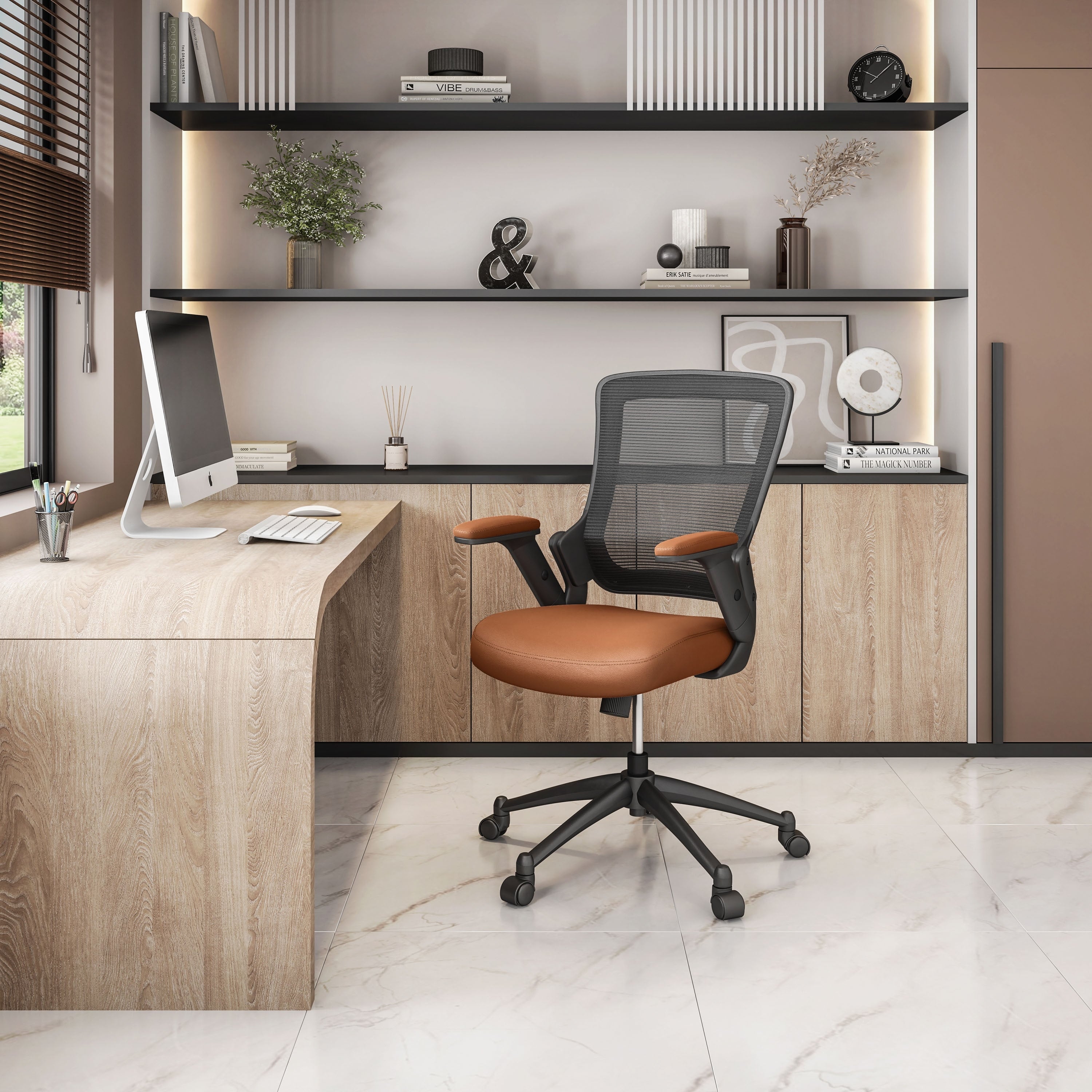 Techni Mobili Mid Back Mesh Task Office Chair With Height Adjustable Arms Brown