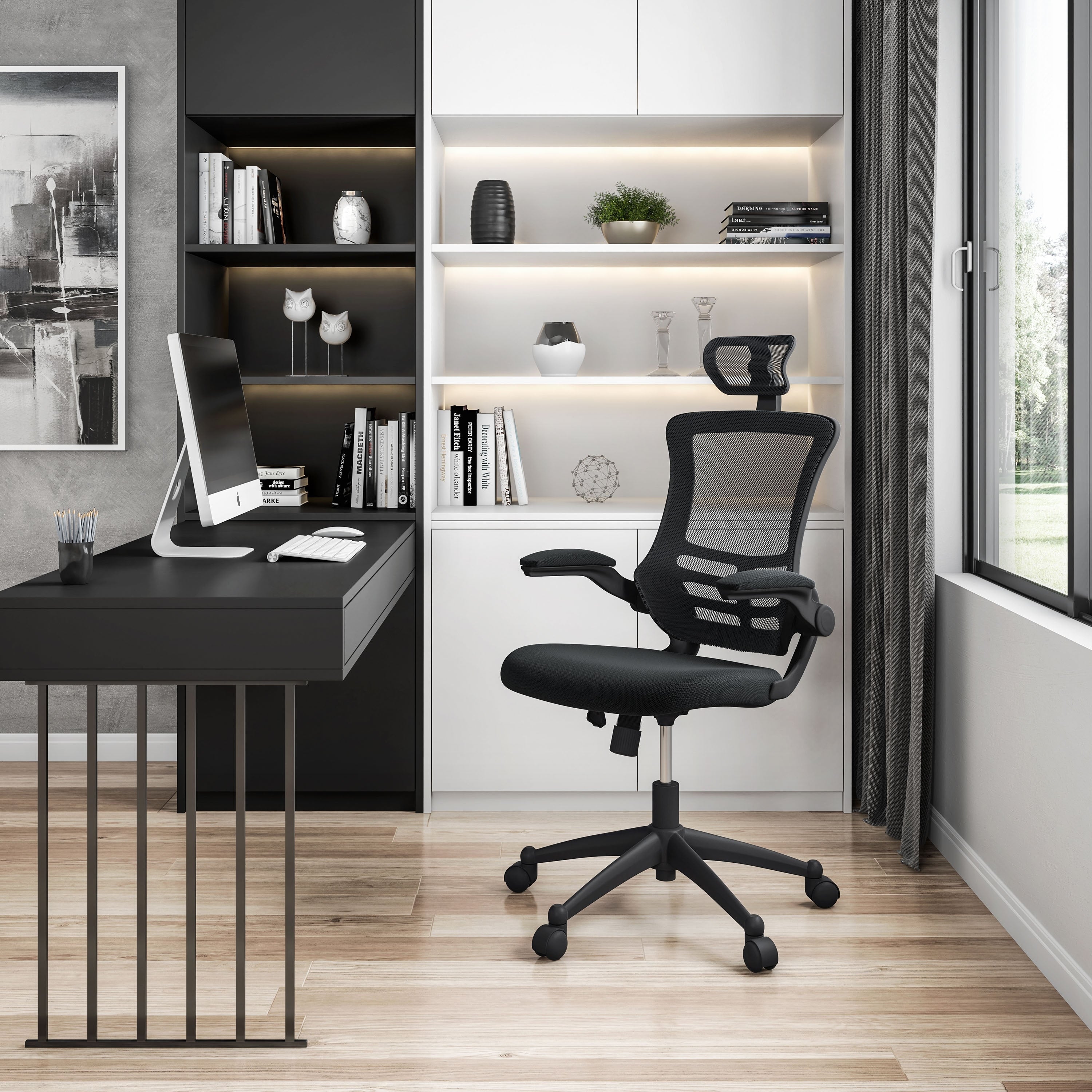 Techni Mobili Modern High Back Mesh Executive Office Chair With Headrest And Flip Up Arms Black