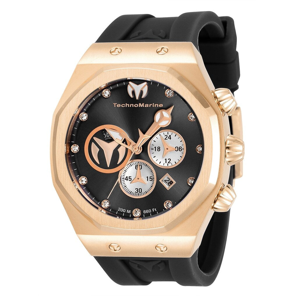 Technomarine Mens Tm 520004 Reef Quartz Chronograph Black Silver Rose Gold Dial Watch