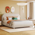 Teddy Fleece Queen Size Upholstered Platform Bed With Thick Fabric Solid Frame And Stylish Curve Shaped Design Beige