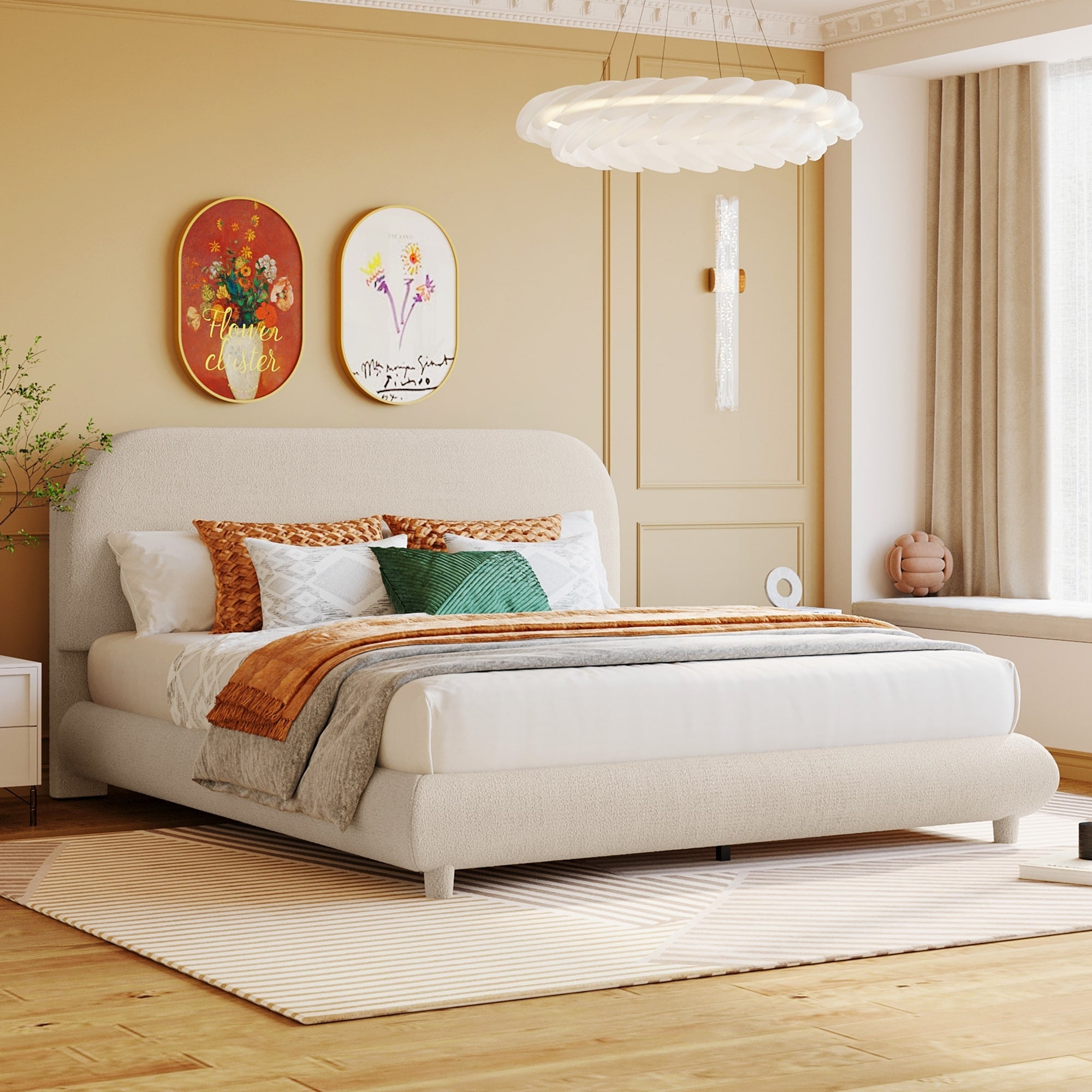 Teddy Fleece Queen Size Upholstered Platform Bed With Thick Fabric Solid Frame And Stylish Curve Shaped Design Beige