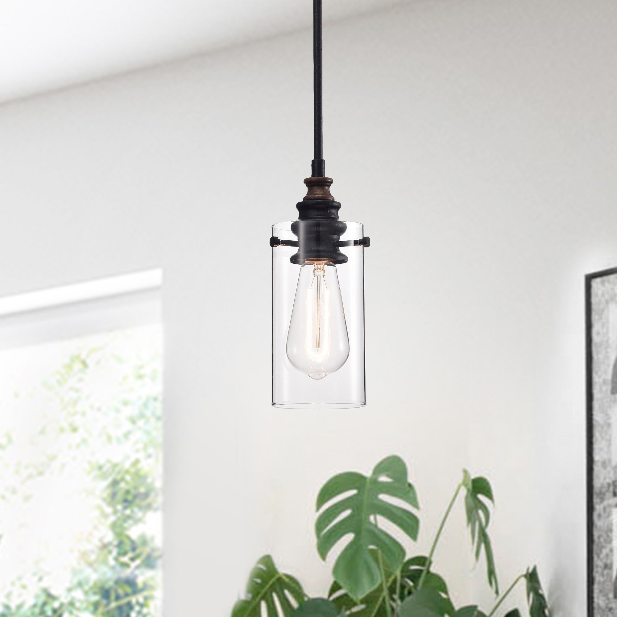 Tedosha 1 Light Black Pendant Lamp With Glass Cylinder Shade Includes Edison Bulb
