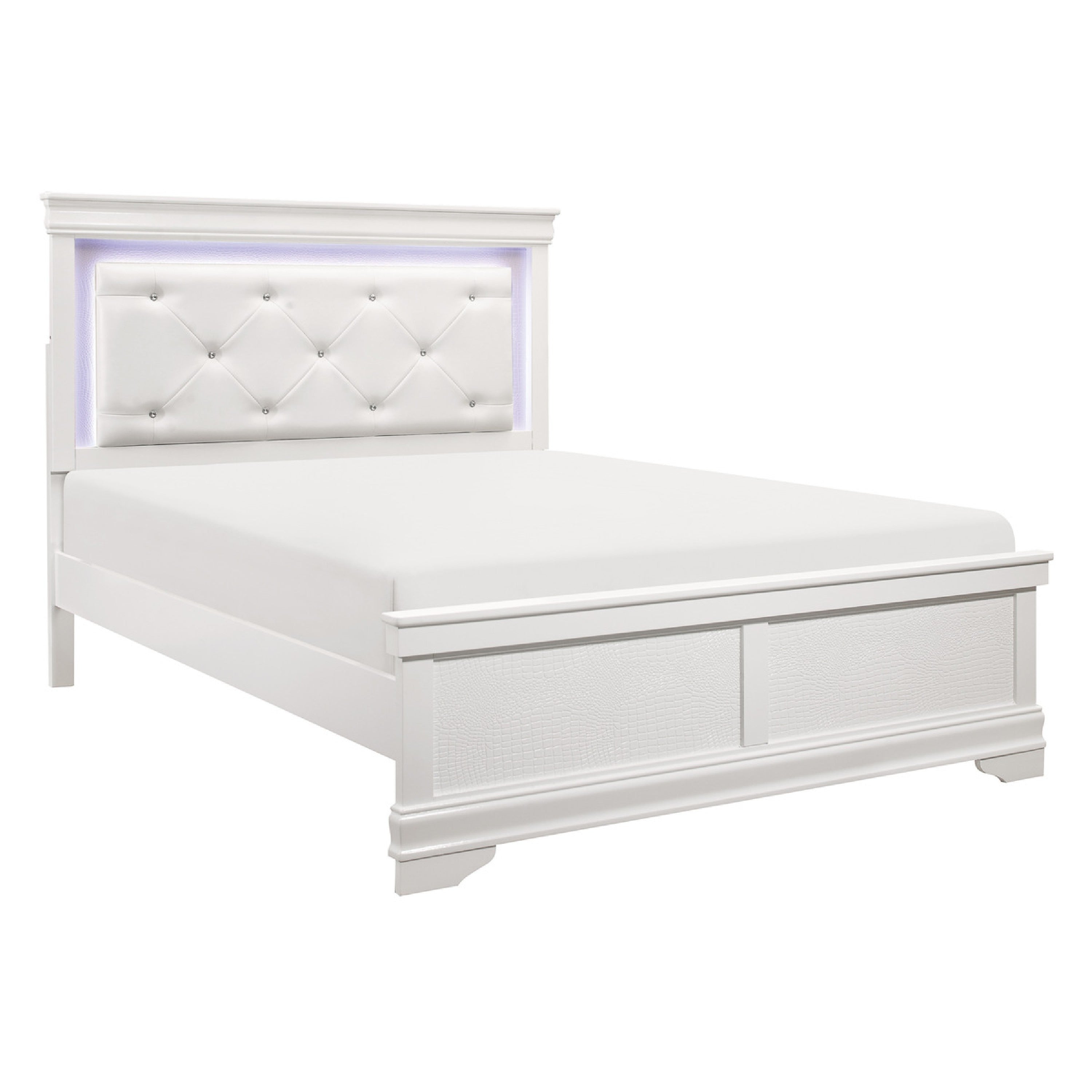 Teich Full Bed Led Headboard Embossed Panels Tufted White Faux Leather