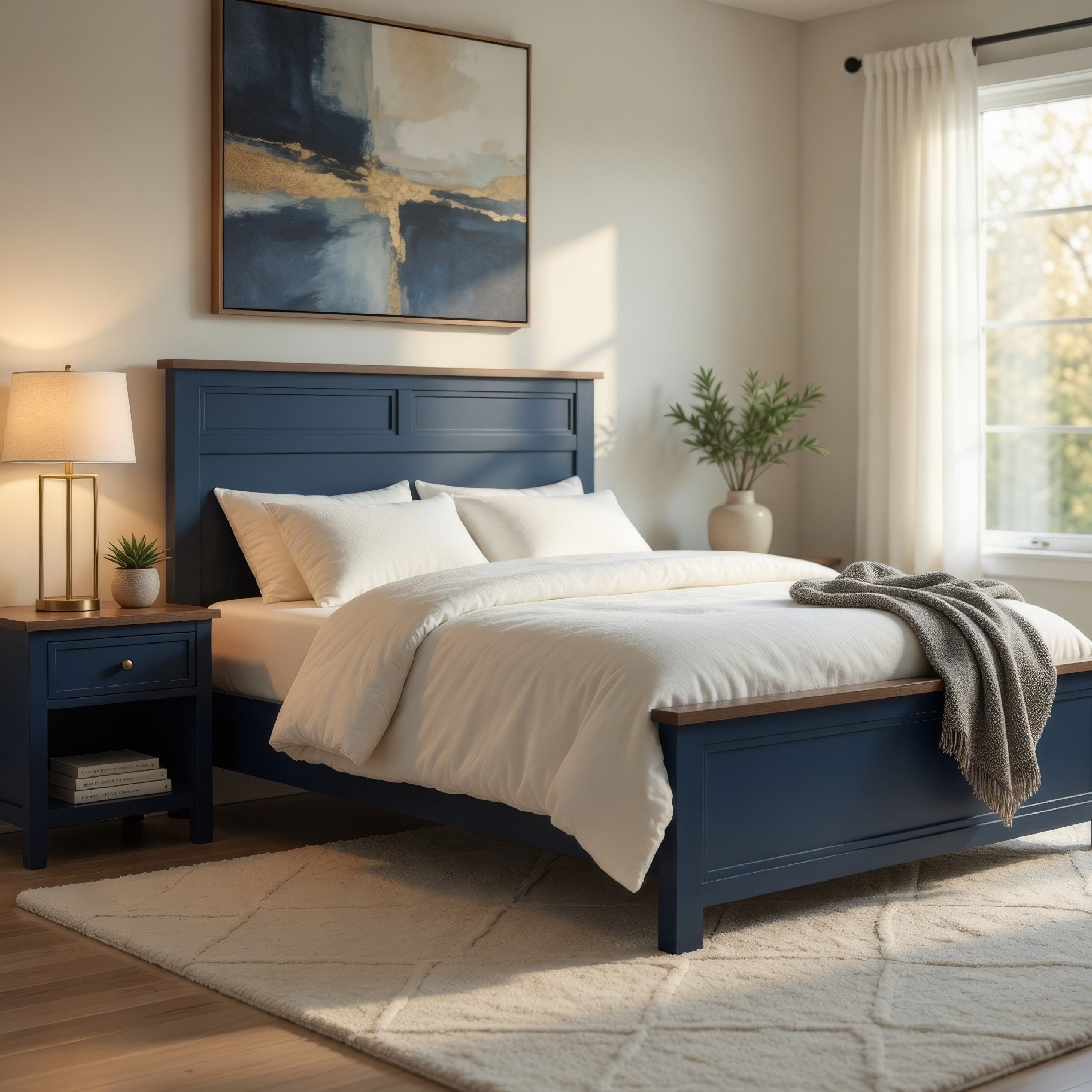 Tela Full Size Bed W Recessed Panel Headboard Dark Brown Trim Blue