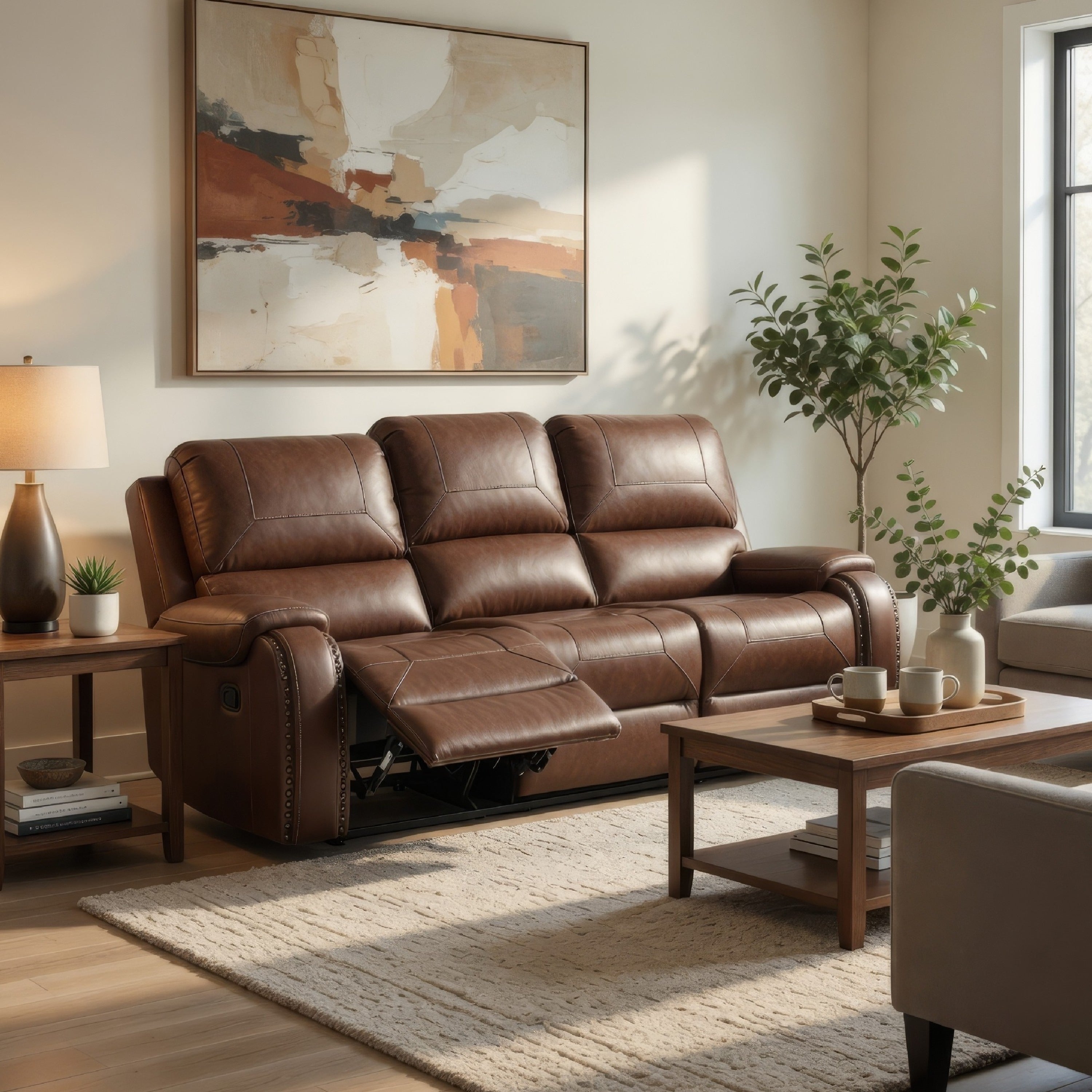 Teli Reclining Sofa W Drop Down Table And Cup Holders Brown Faux Leather