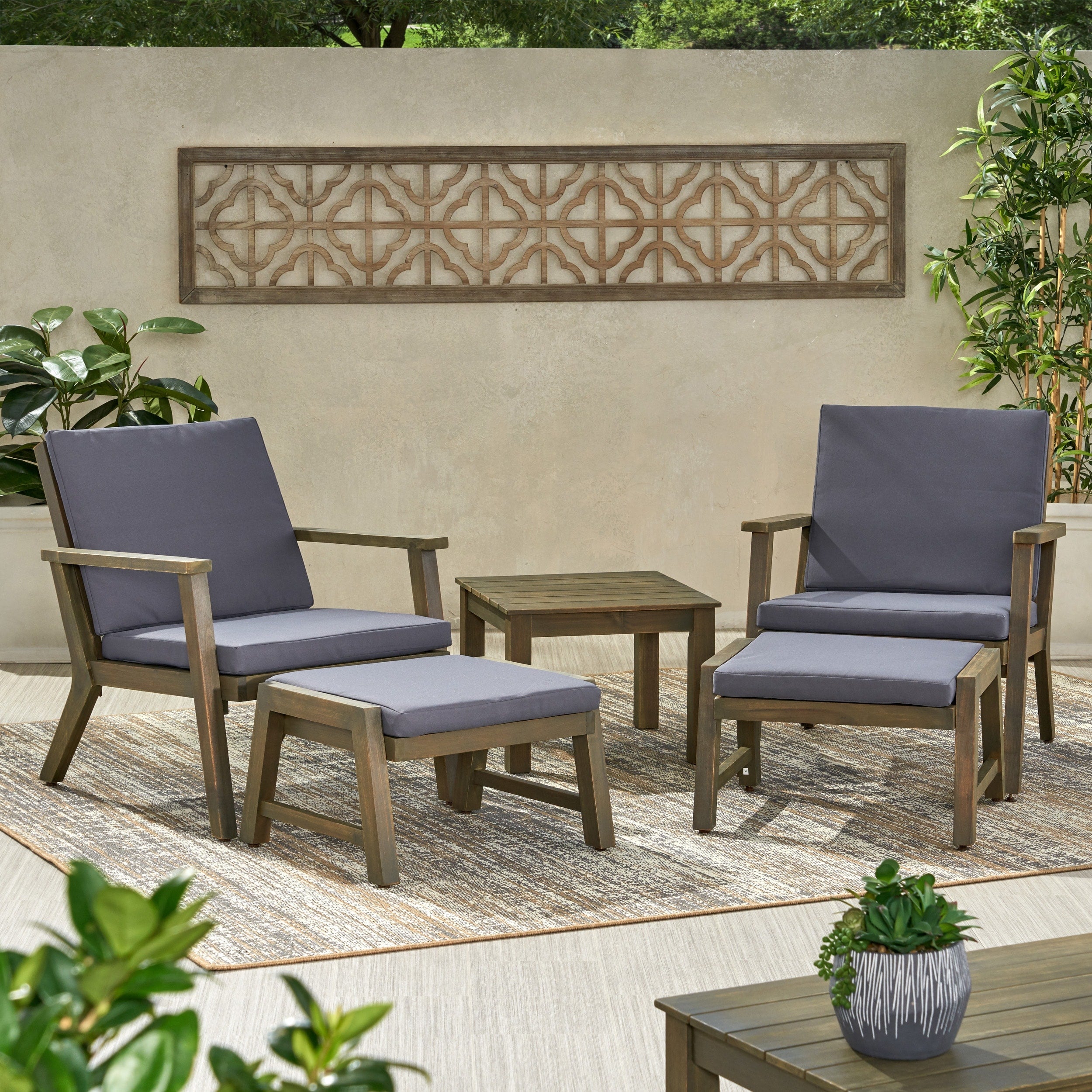 Temecula Outdoor Mid Century Modern Acacia Wood 2 Seater Chat Set With Ottomans By Christopher Knight Home