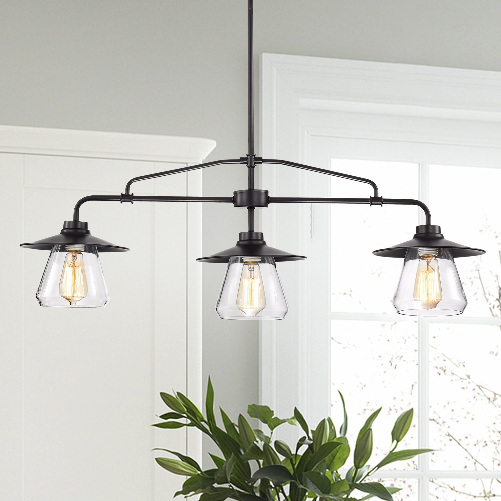 Temet Matte Black Linear 3 Lamp Chandelier With Hooded Glass Shades