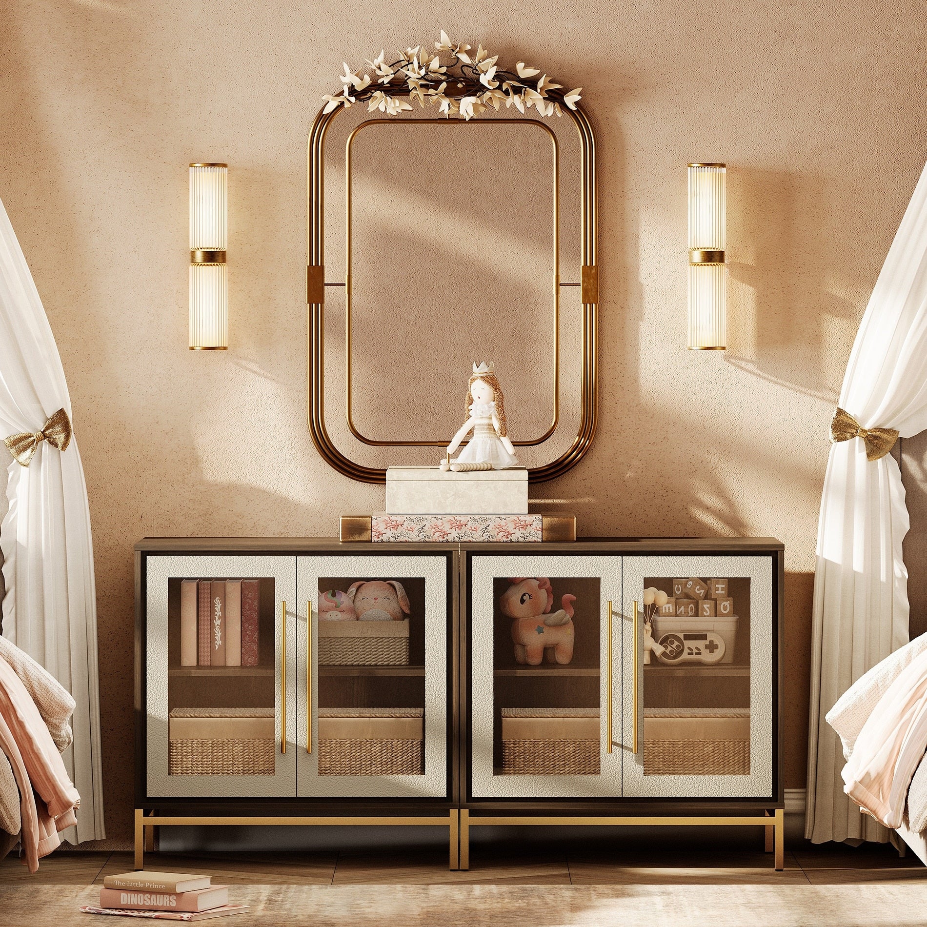 Tempered Glass Nightstand With Leather Textured Doors