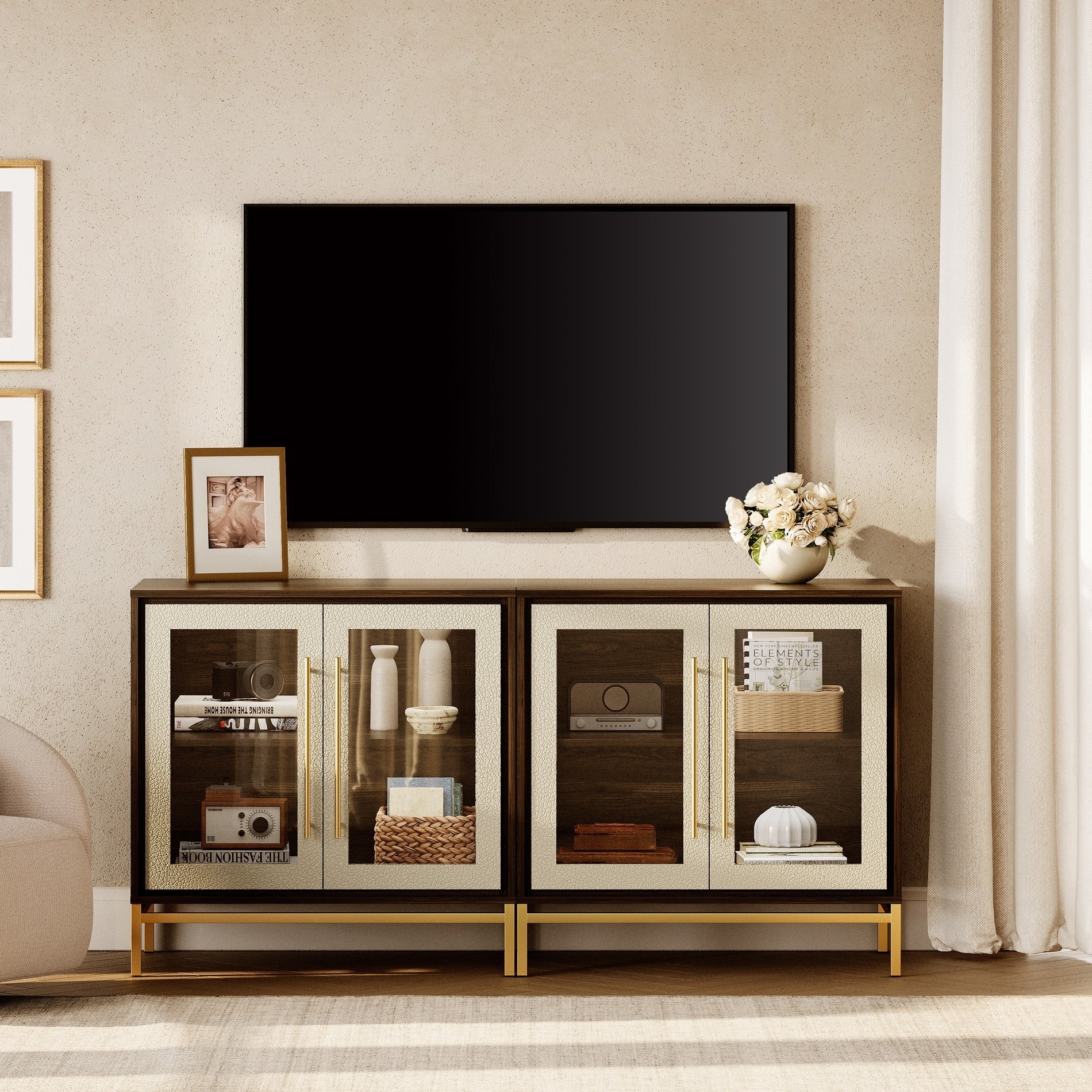 Tempered Glass Tv Stand With Leather Textured Doors