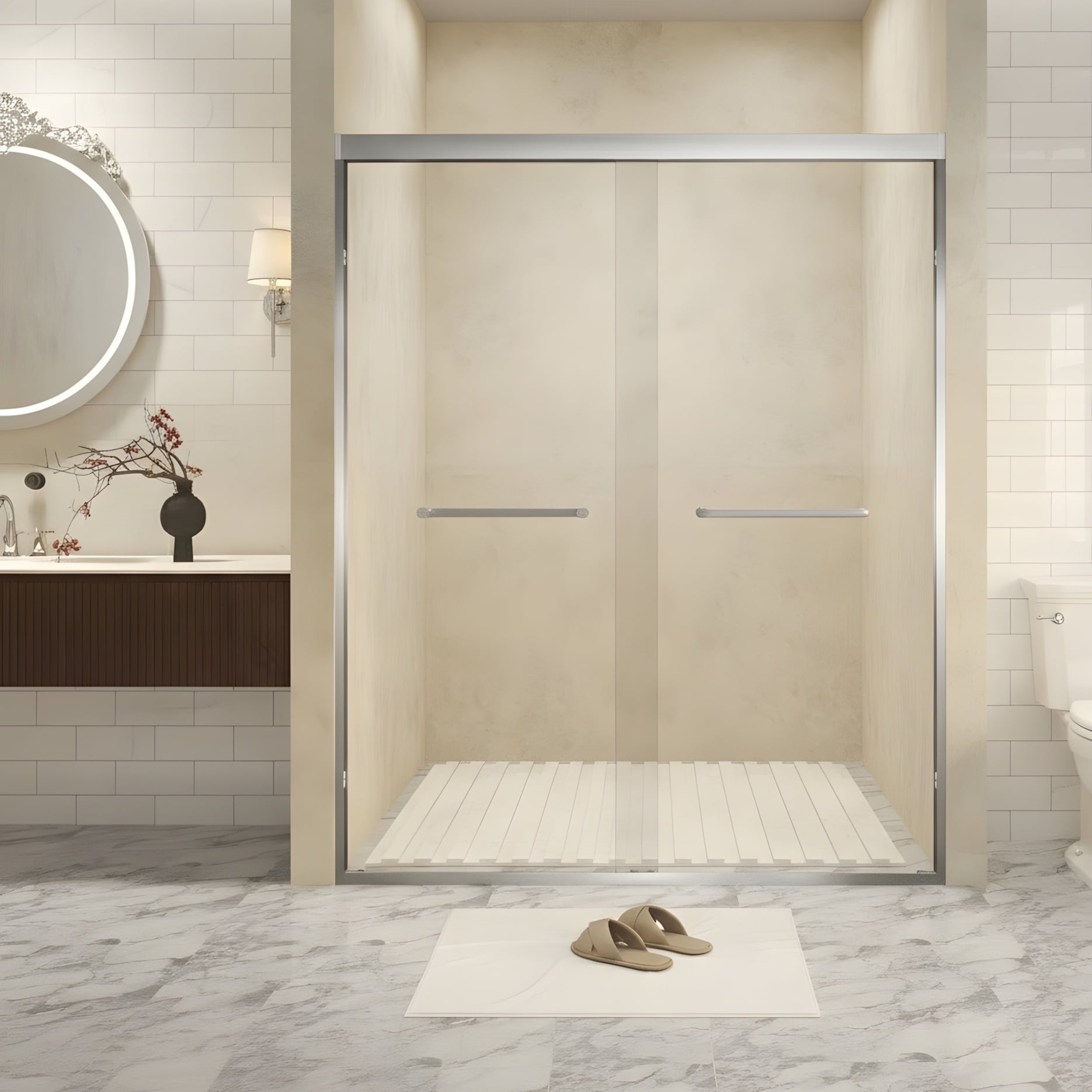 Tempered Glass With Safety Film Aluminum Framed Double Sliding Shower Door 1 4 Inch 6 Mm Thick Stainless Steel Handle