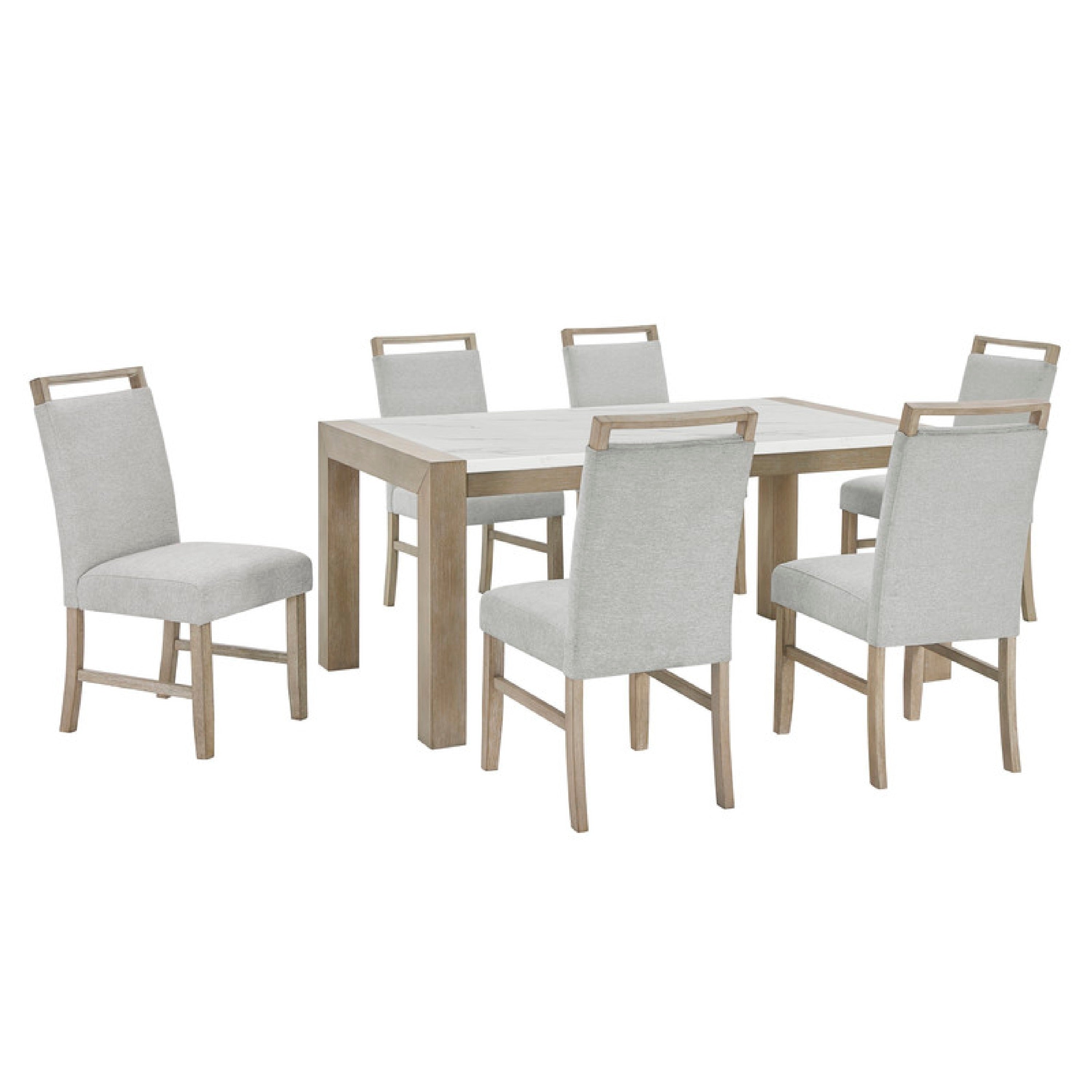 Teny 7Pc Dining Table Set 66 Inch White Faux Marble 6 Chairs Brown