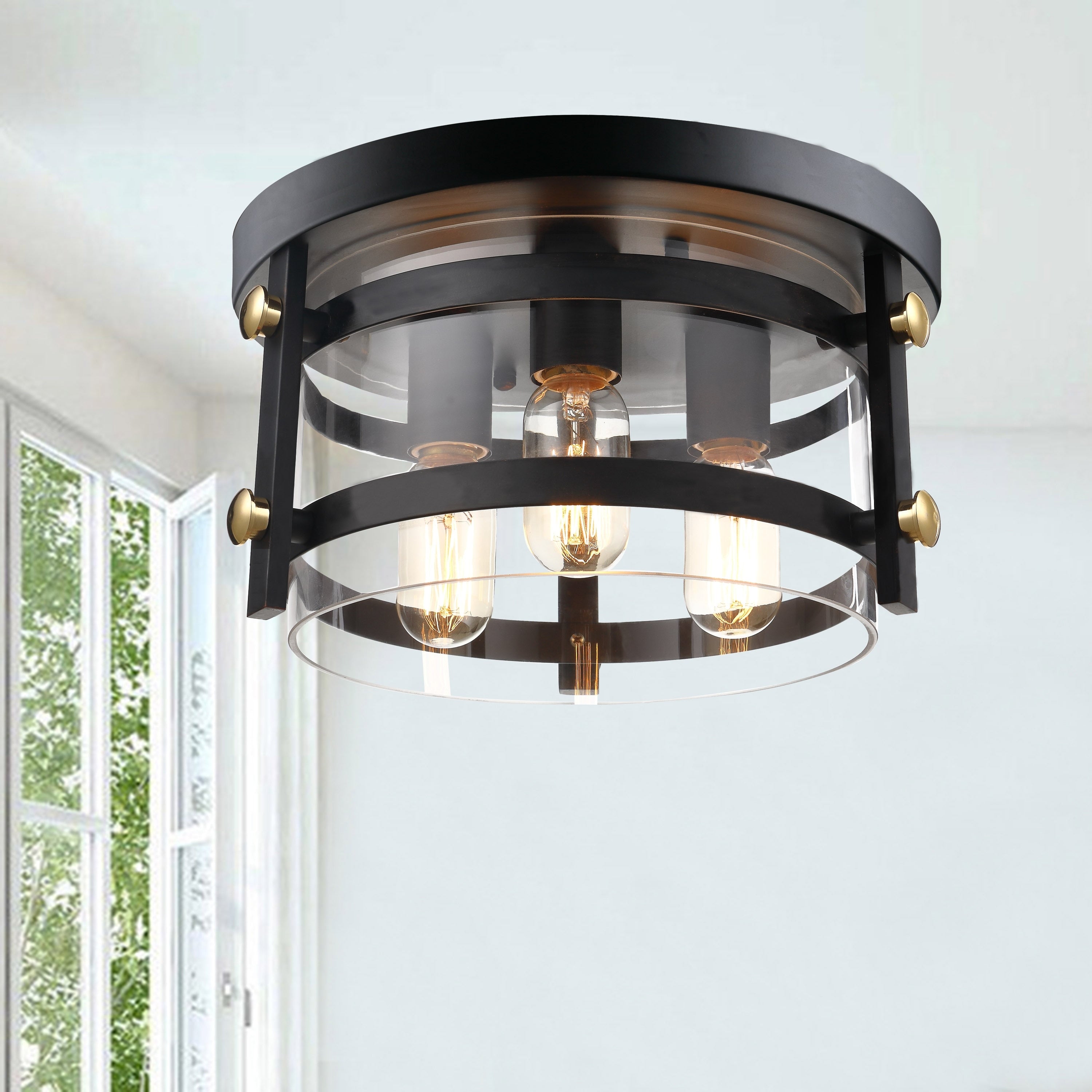 Teresa Metal And Clear Glass 13 W 3 Light Antique Black Flush Mount N A