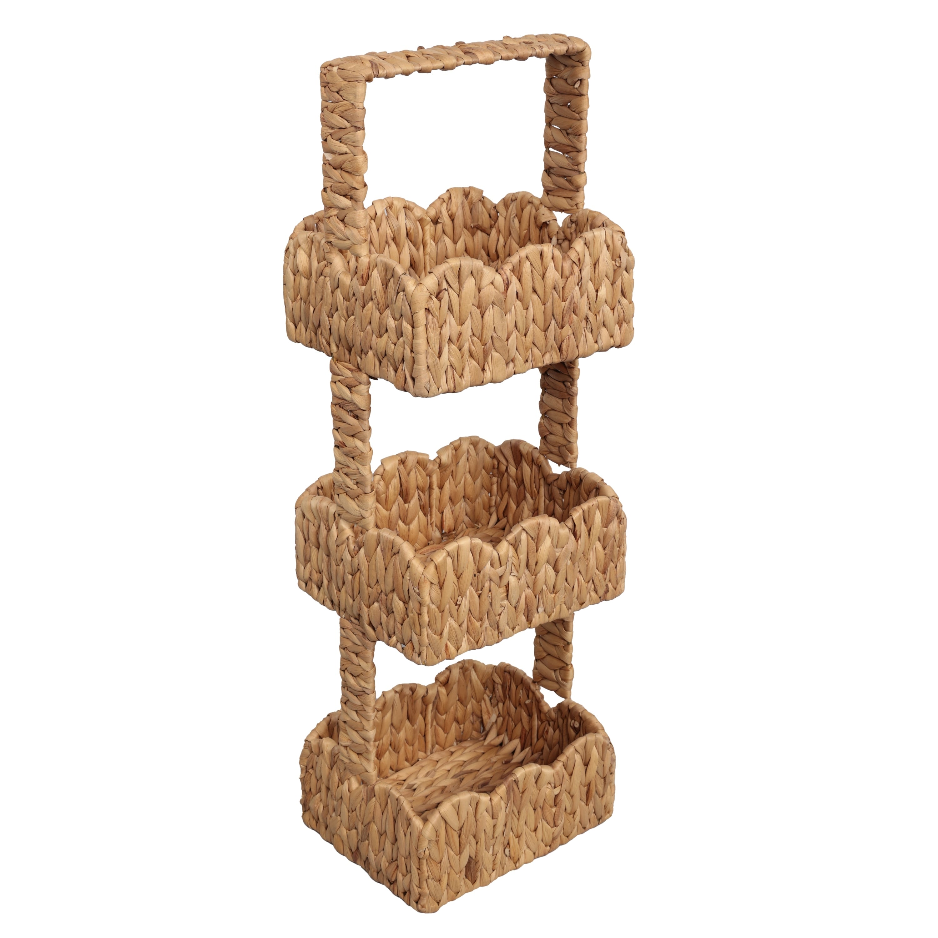 Terra 35.5 In. H Coastal Handwoven Water Hyacinth 3 Tier Scalloped Basket Freestanding Storage Tower Stand With Top Handle