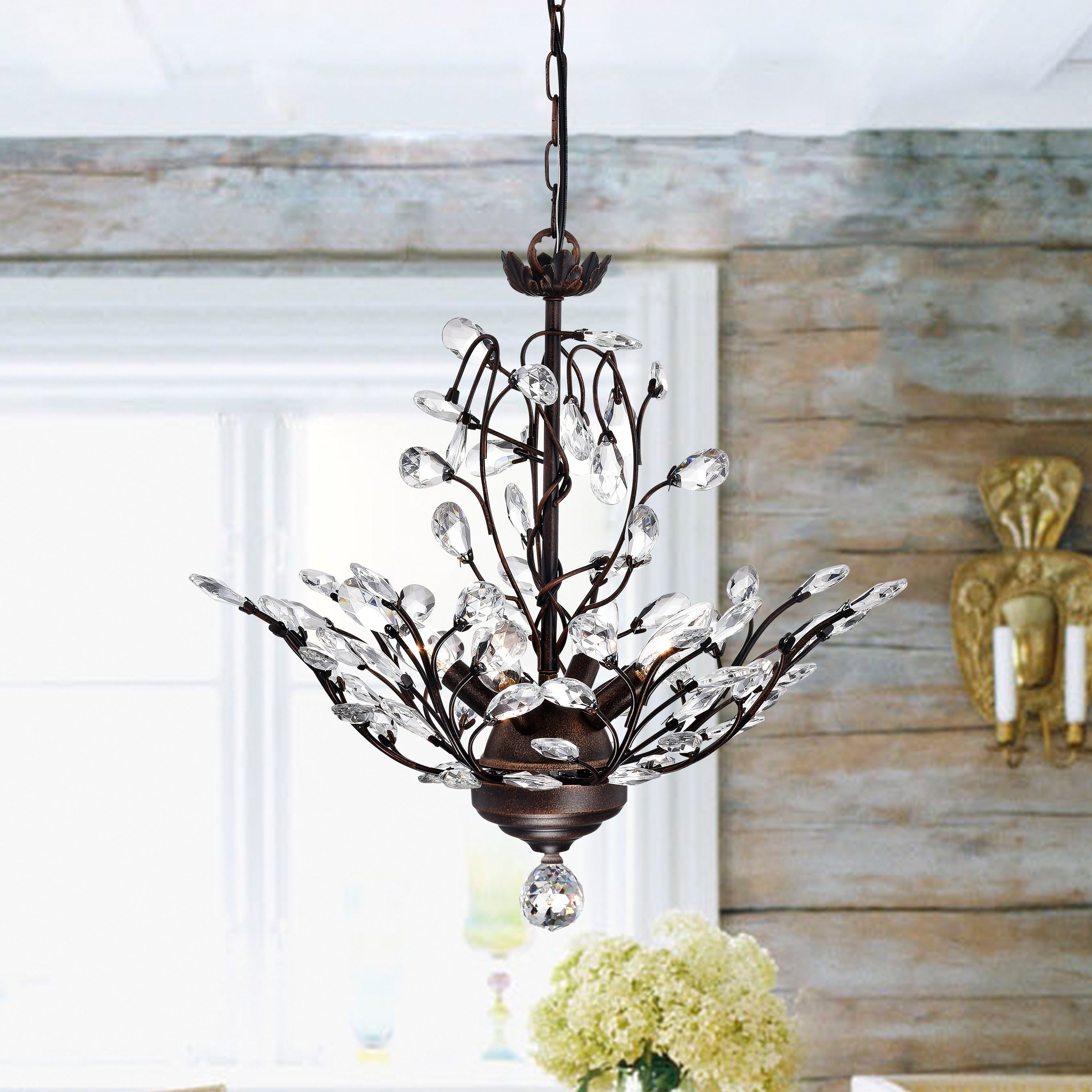 Terra Antique Copper Iron Clear Glass Crystal 4 Light Chandelier