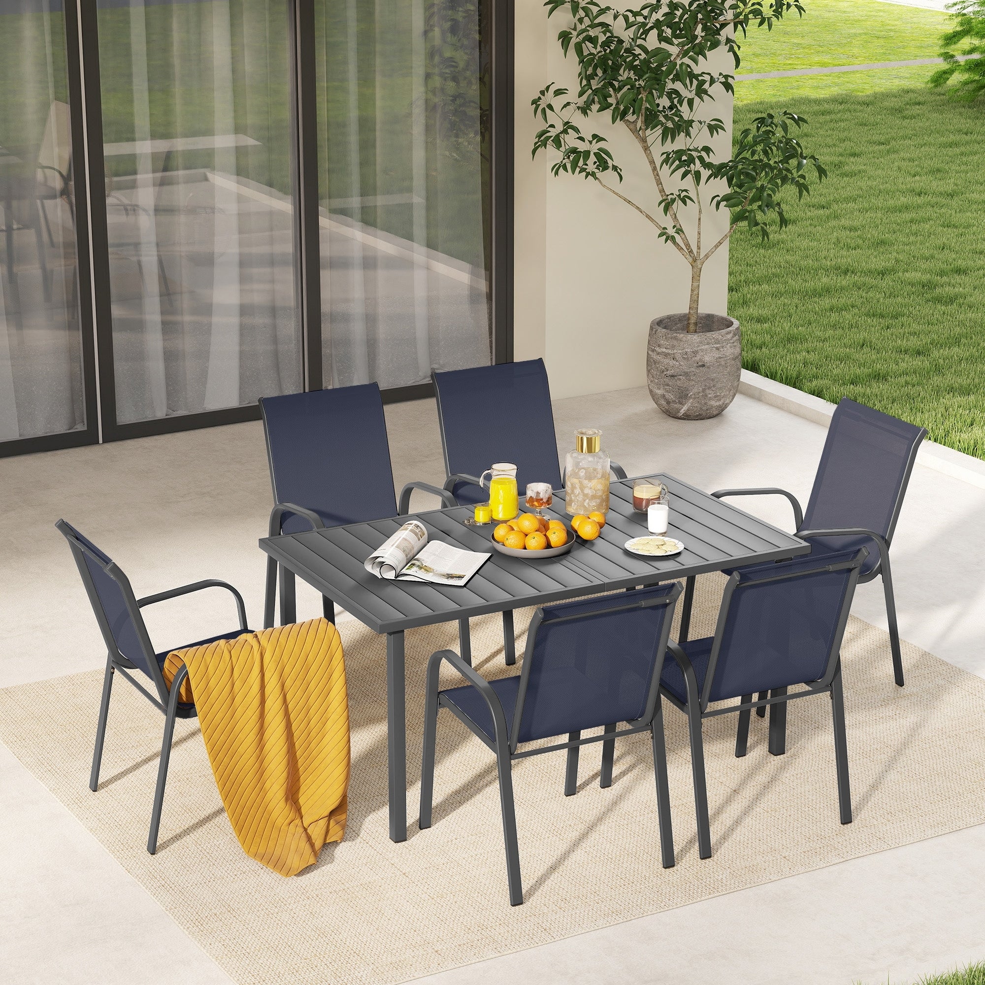 Terratex 7 Piece Metal Outdoor Dining Set With Greige Textilene Fabric