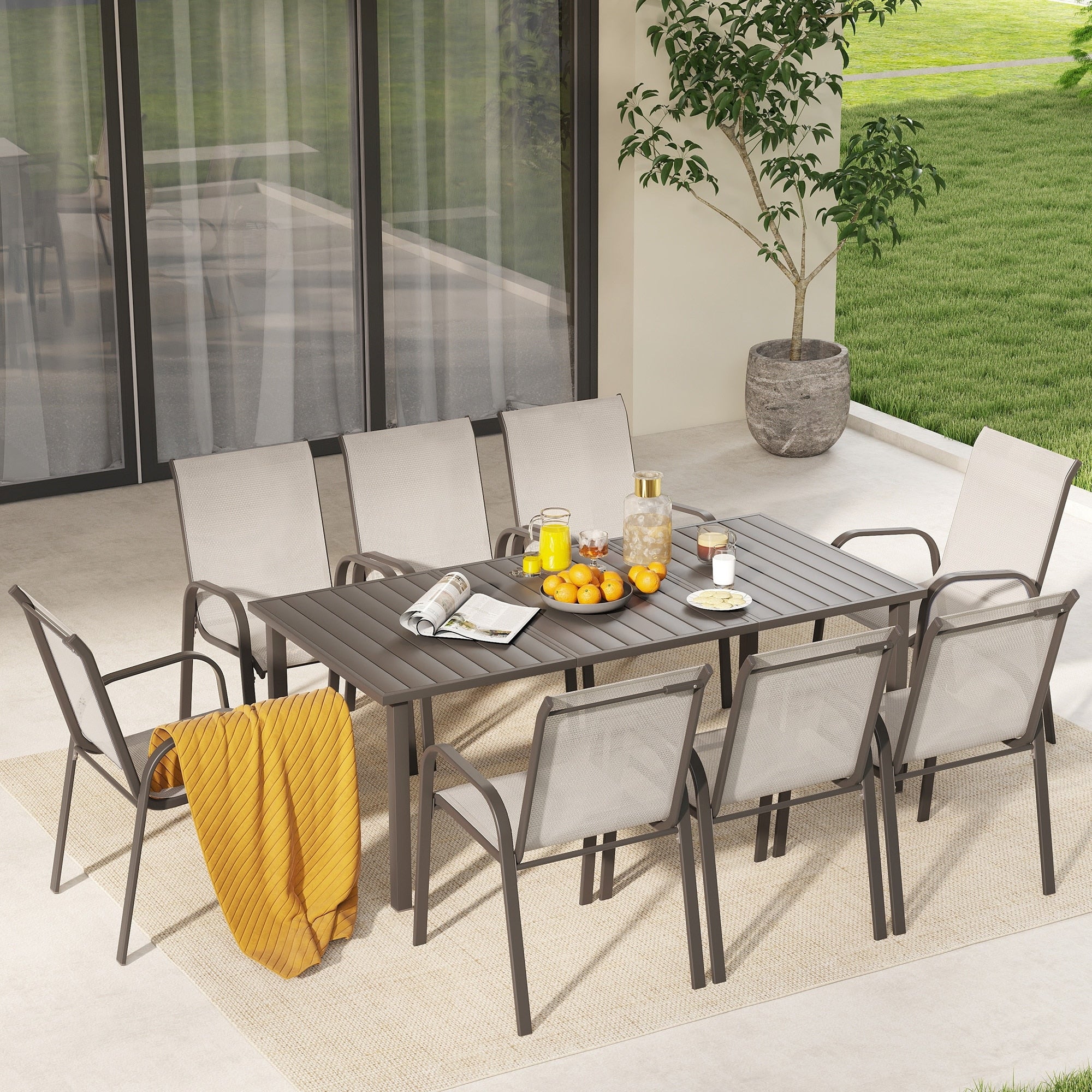 Terratex 9 Piece Metal Outdoor Dining Set With Greige Textilene Fabric