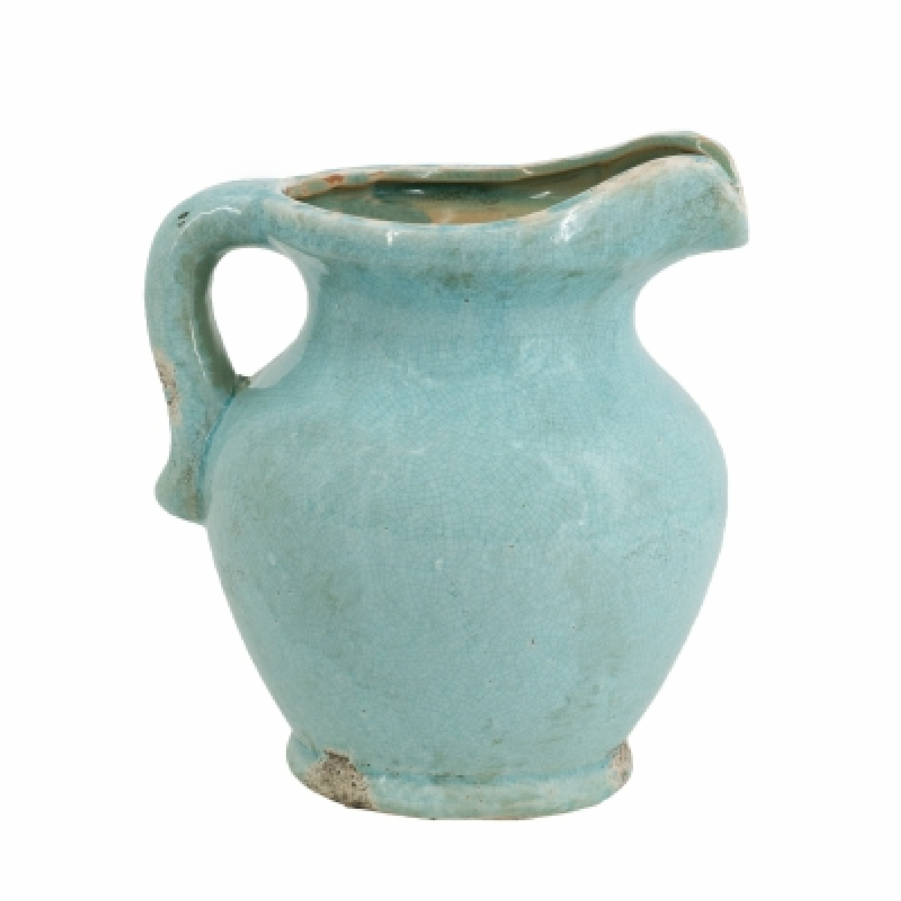 Tery Decorative Flower Vase With Handle 9 Inch Glazed Blue Terracotta
