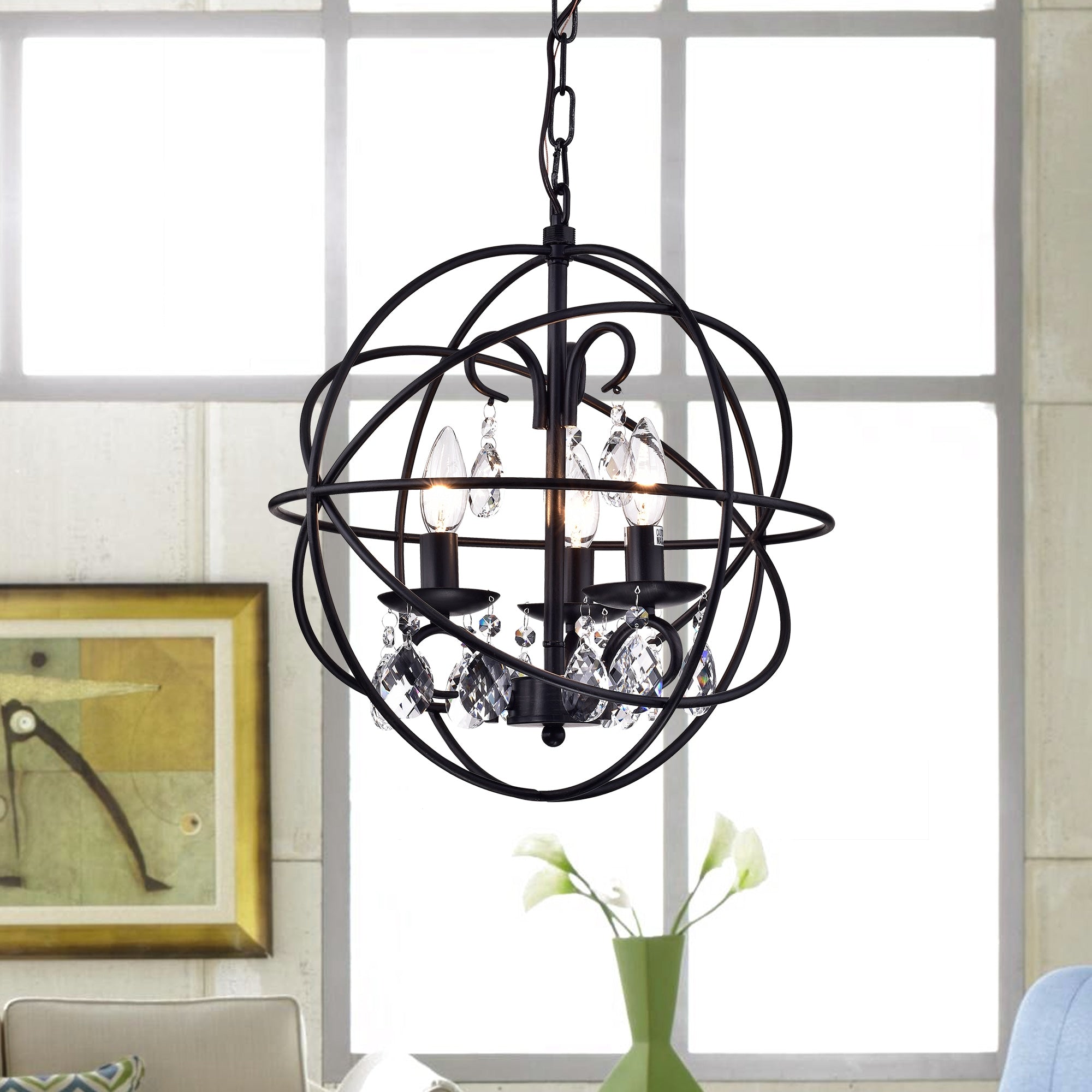 Tess Black Finish Metal Crystal 15 Inch Round Crystal Chandelier