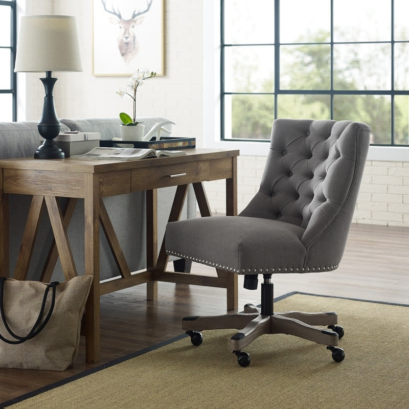 Tevan Beige And Grey Fabric And Wood Tufted Office Chair