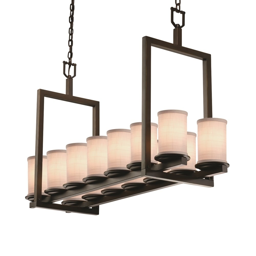 Textile Dakota Dark Bronze Bridge Chandelier Short White Cylinder W Flat Rim Shade
