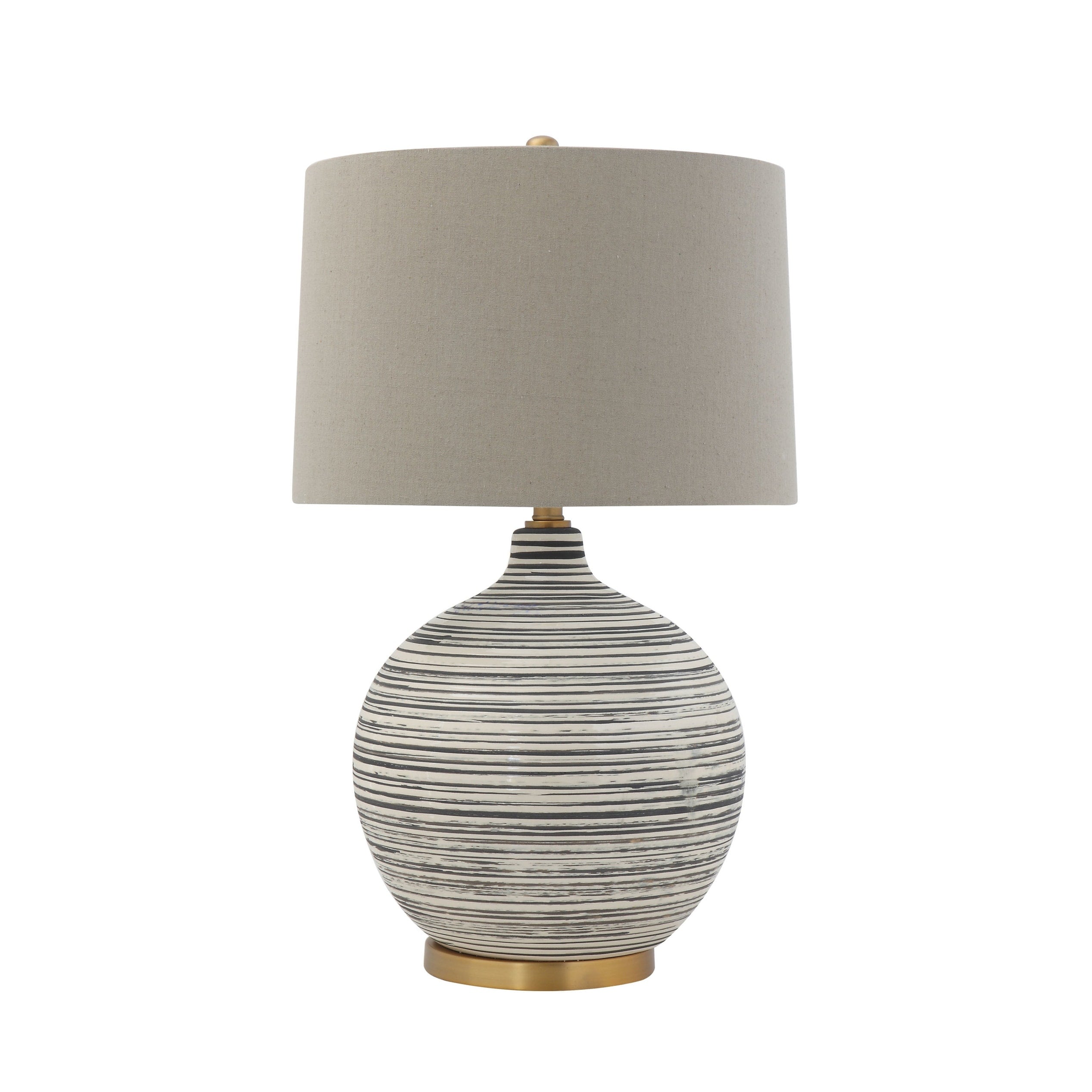 Textured Black White Striped Ceramic Table Lamp With Grey Linen Shade