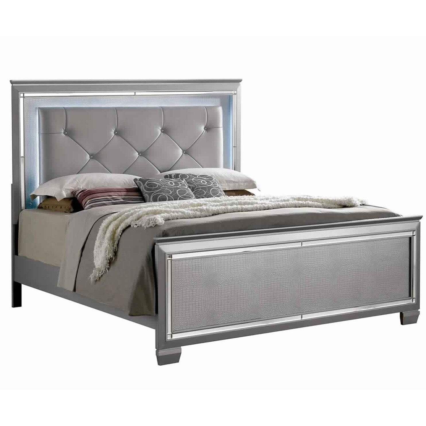 Textured California King Size Bed With Silver Trim Accents Beige