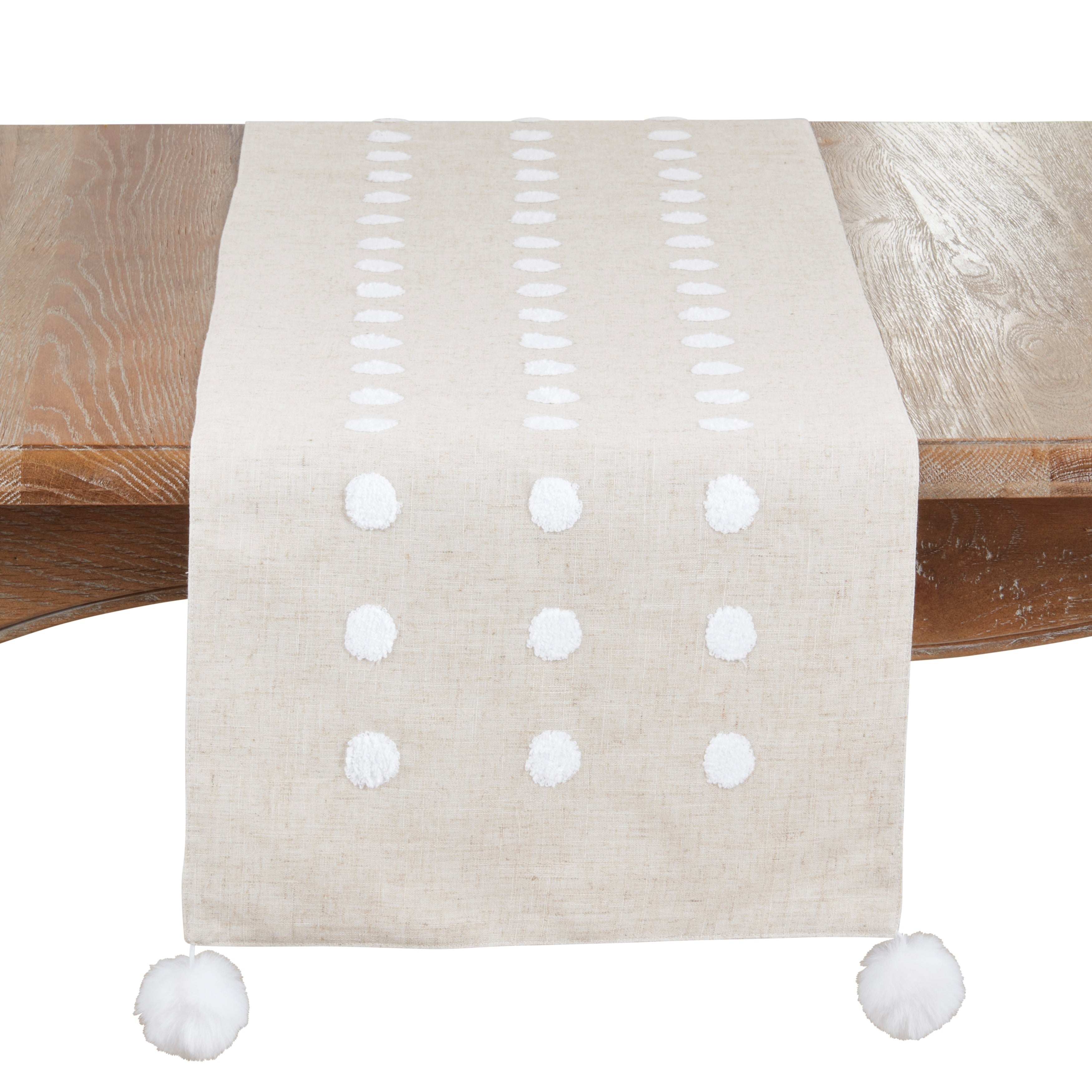 Textured Dot Pom Detail Linen Blend Table Runner Non Reversible Lined Runner For Dining Tables Consoles 16 X70