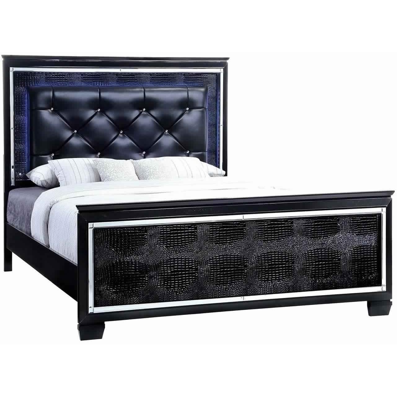 Textured Eastern King Size Bed With Silver Trim Accents Black