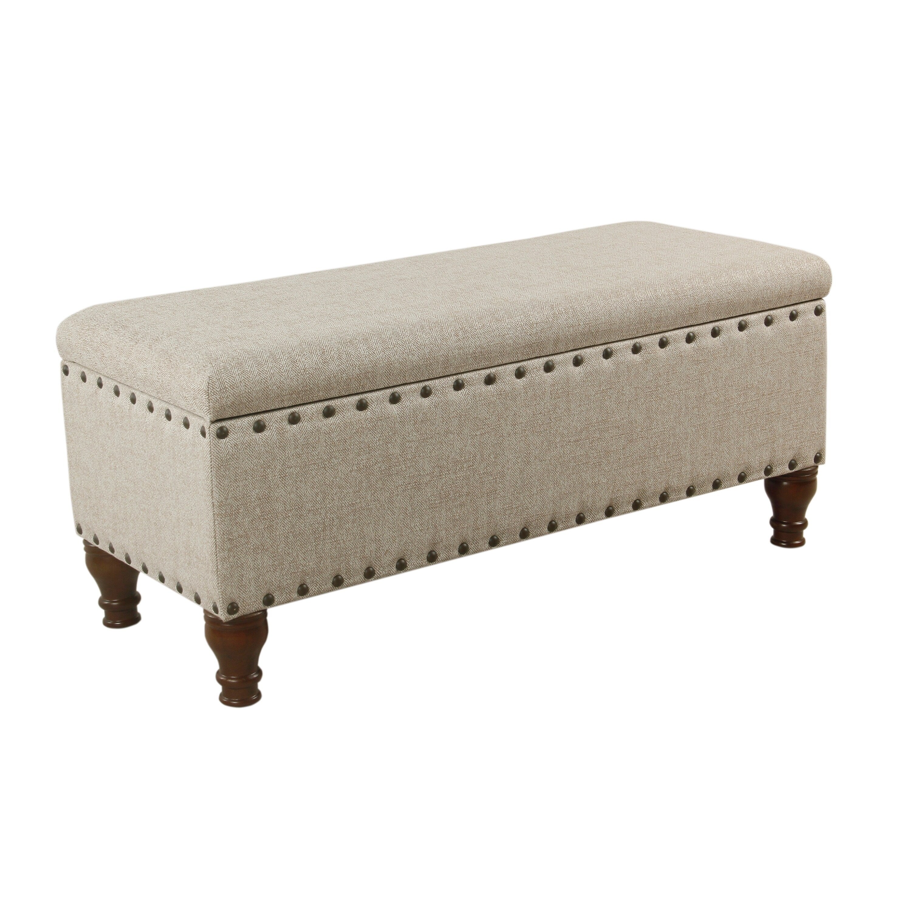 Textured Fabric Upholstered Wooden Storage Bench With Nail Head Trim Large Beige And Brown