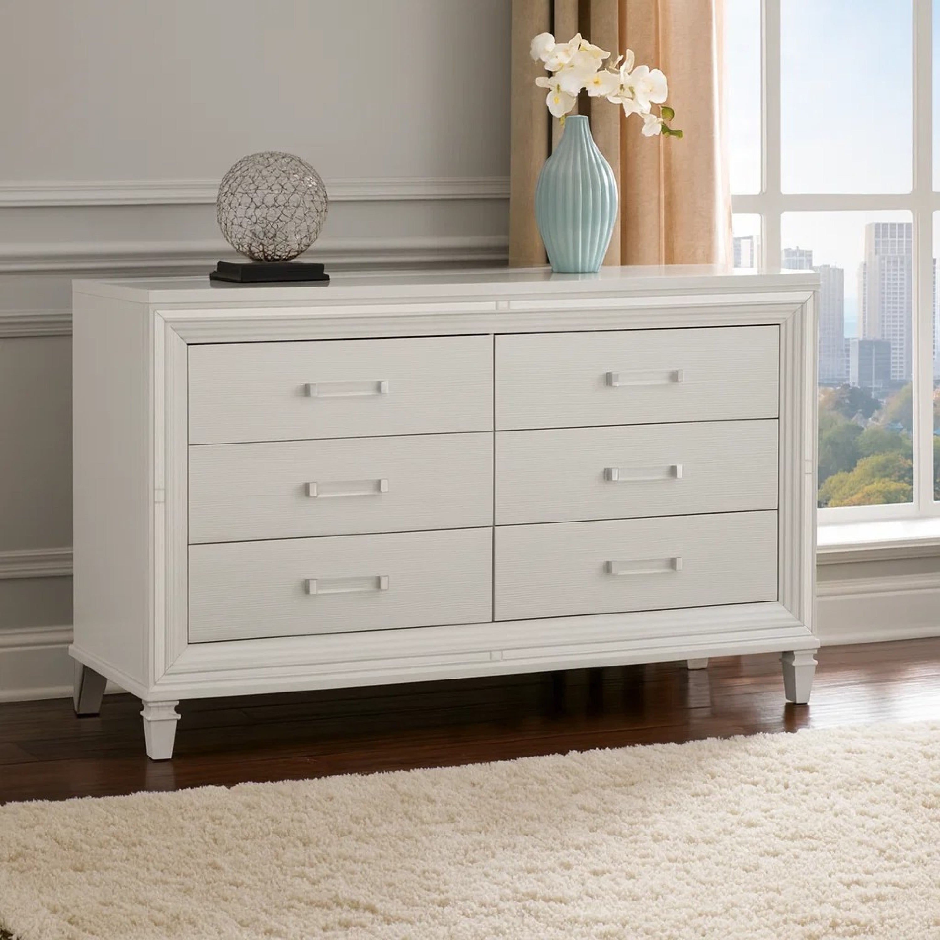 Textured Front 6 Drawer Dresser With Beveled Mirror Trim White