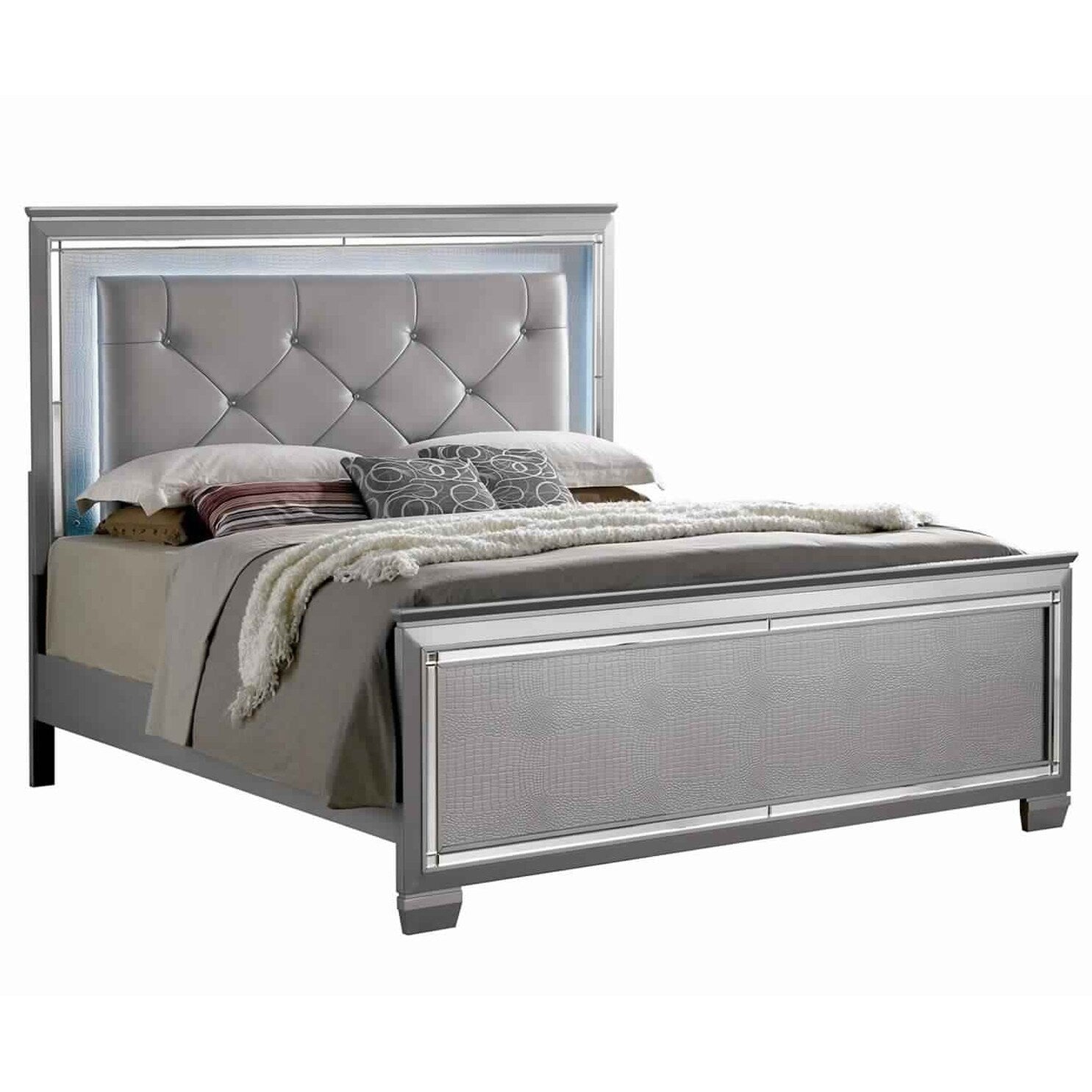 Textured Queen King Size Bed With Silver Trim Accents Beige