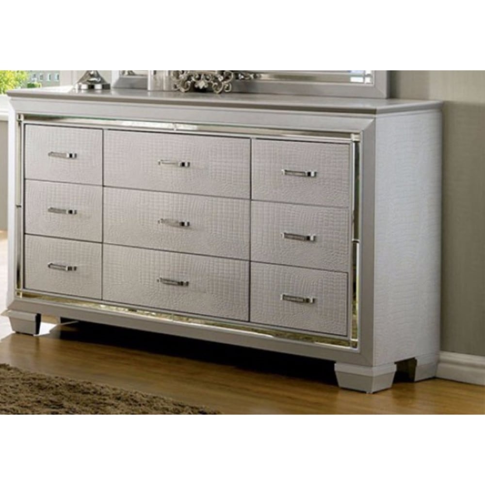 Textured Wooden Dresser With Nine Drawer Silver