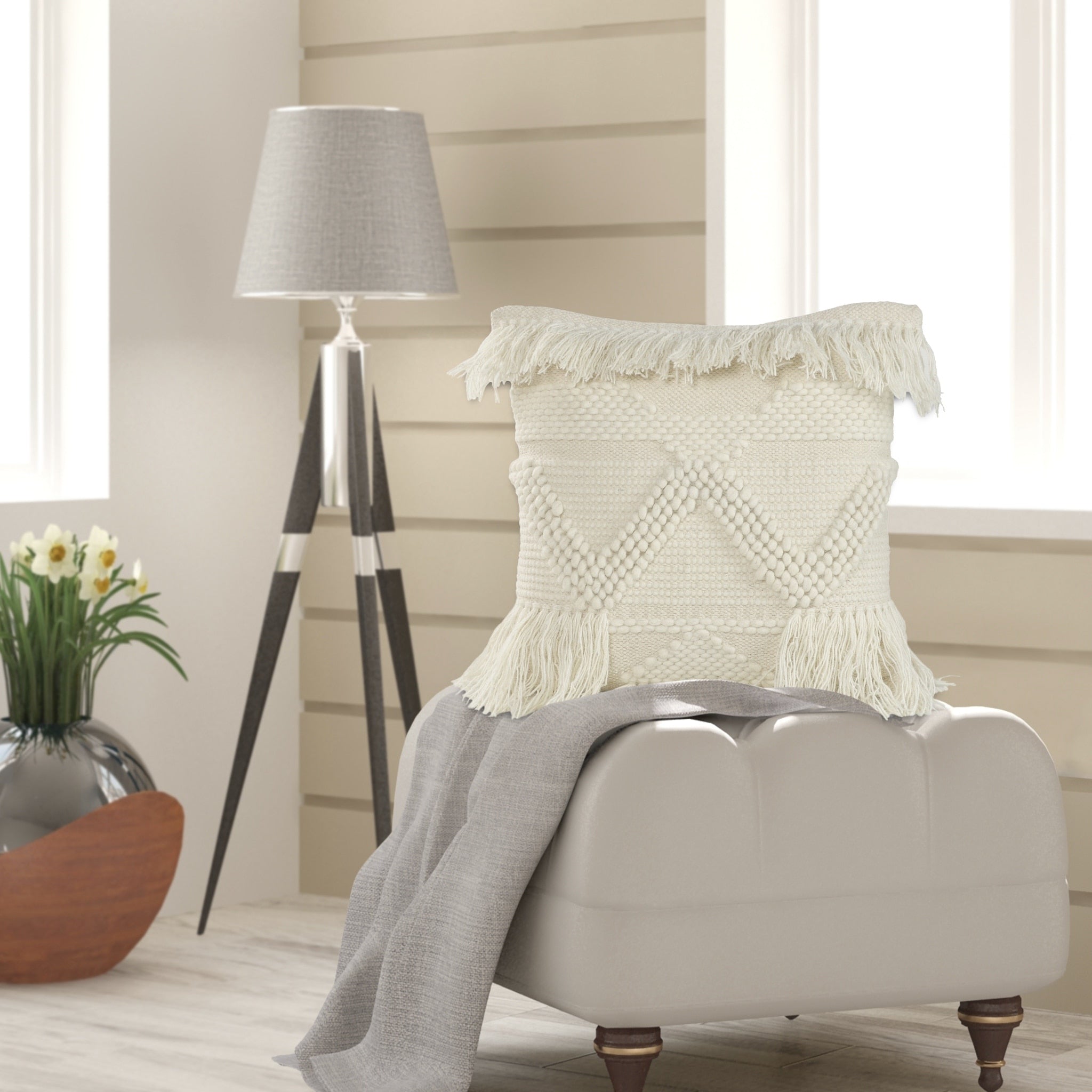 Textured And Fringe Ivory Throw Pillow