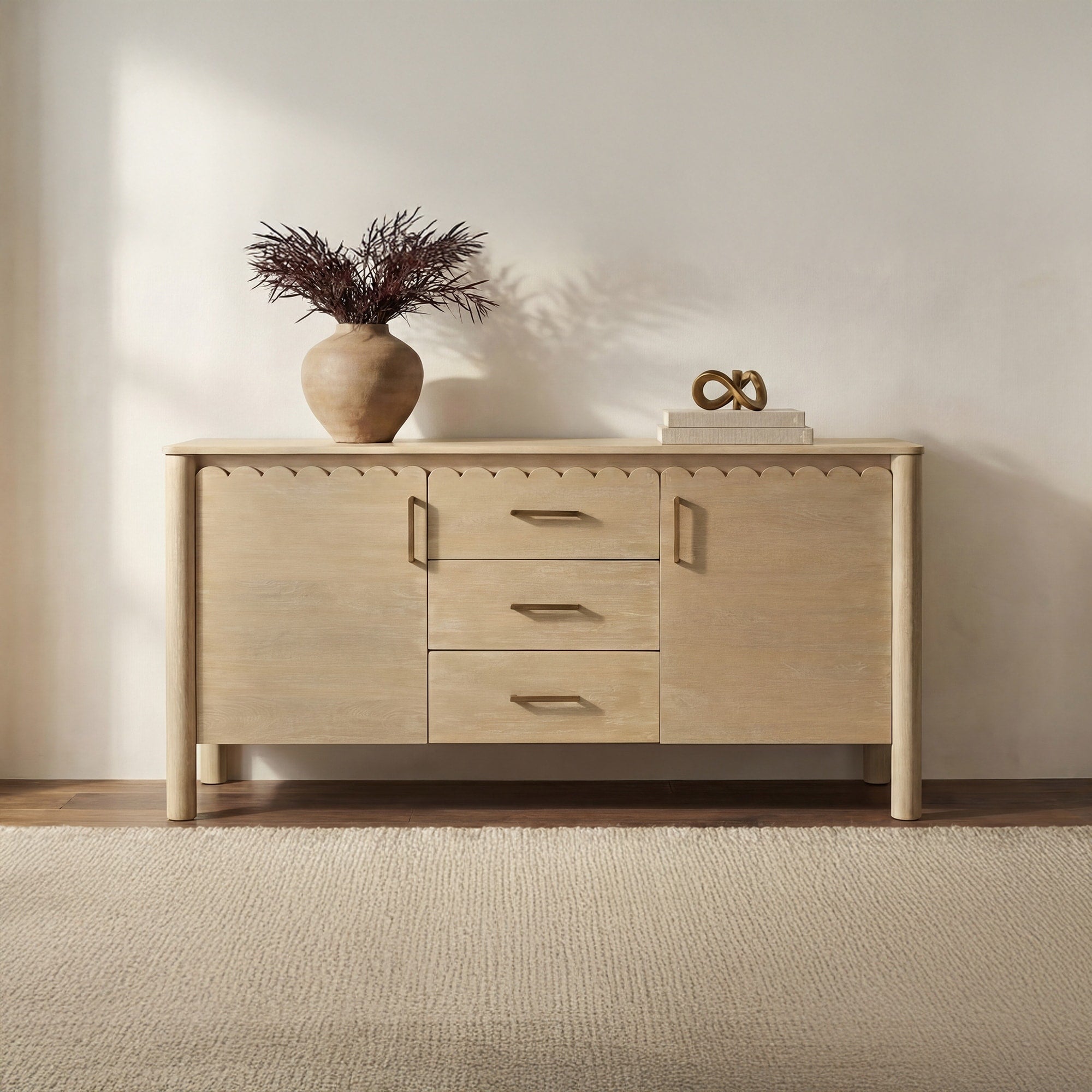 Thalen Sideboard Rectangular Mango Wood Three Drawers Iron Handles Scalloped Edges Monolithic Round Legs Natural