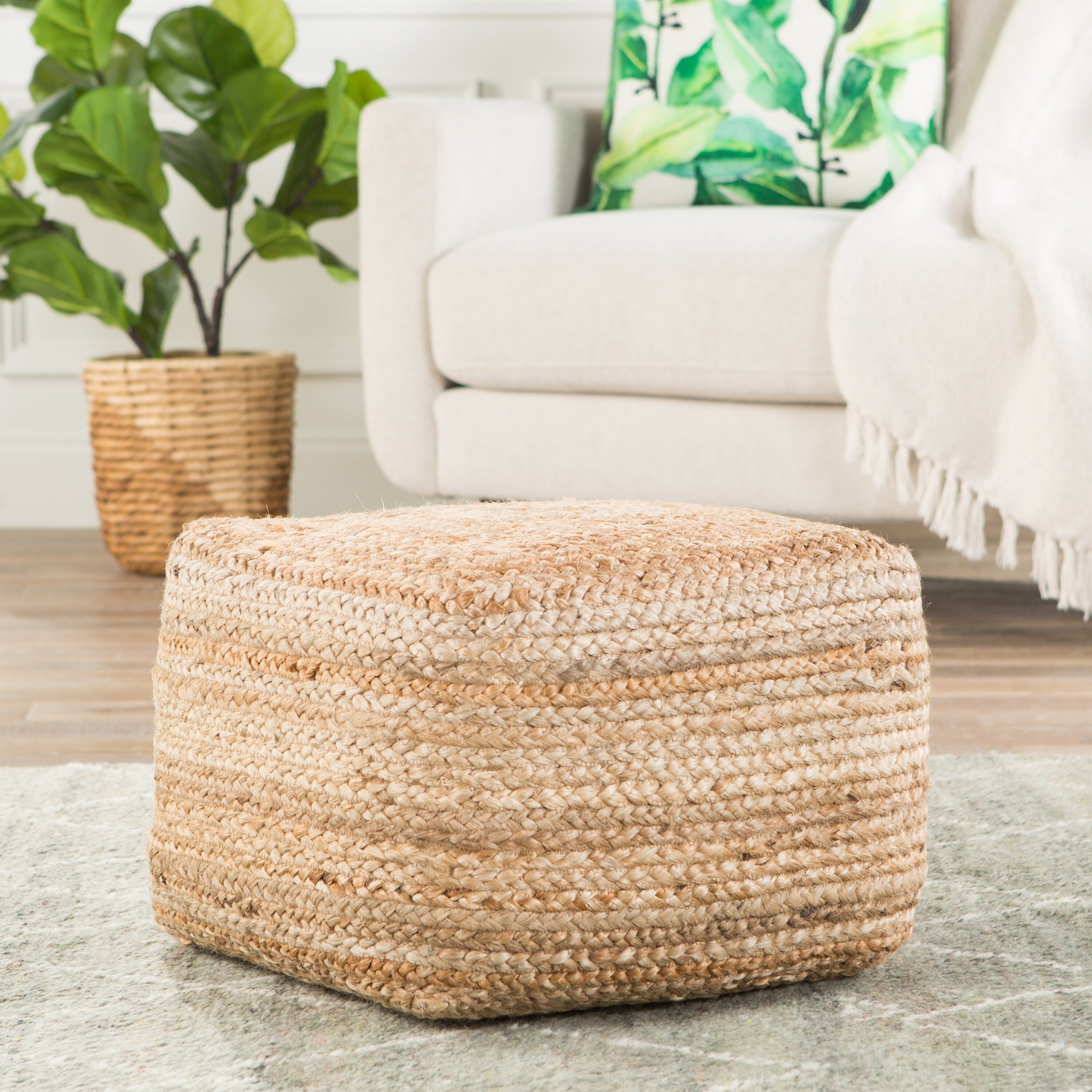 The Curated Nomad Camarillo Modern Beige Cube Shape Jute Pouf