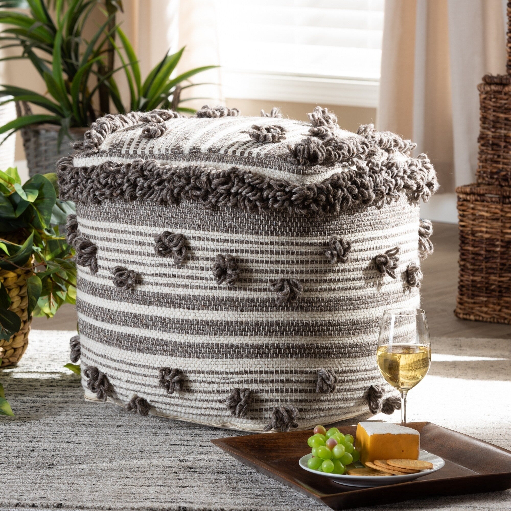 The Curated Nomad Koroh Moroccan Ivory And Brown Handwoven Wool Pouf Ottoman