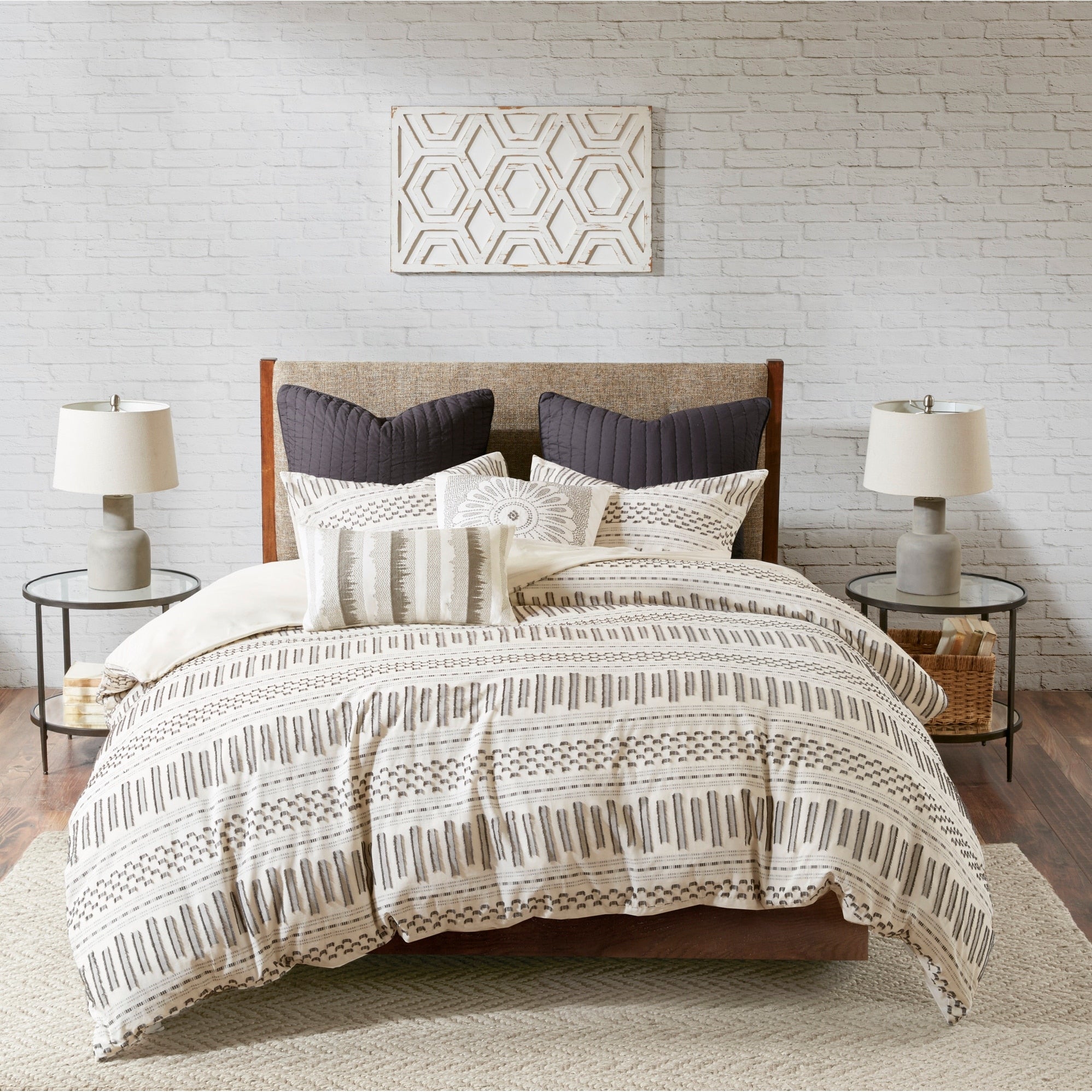 The Curated Nomad Natoma Ivory Charcoal Cotton Jacquard 3 Piece Comforter Set