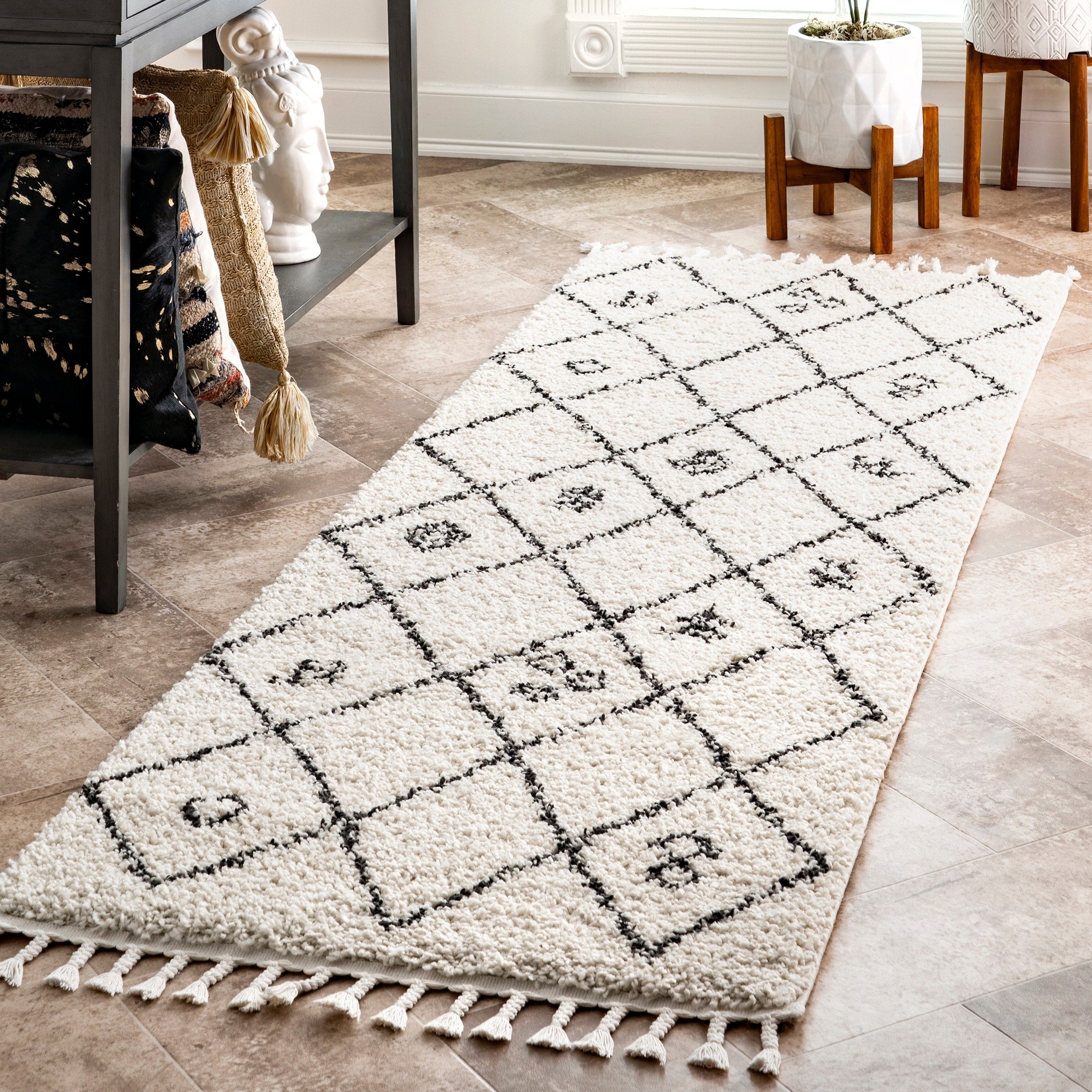 Nuloom Off White Contemporary Soft Marrakech Diamond Trellis Aztec Tassel Shag Area Rug 710 X 10