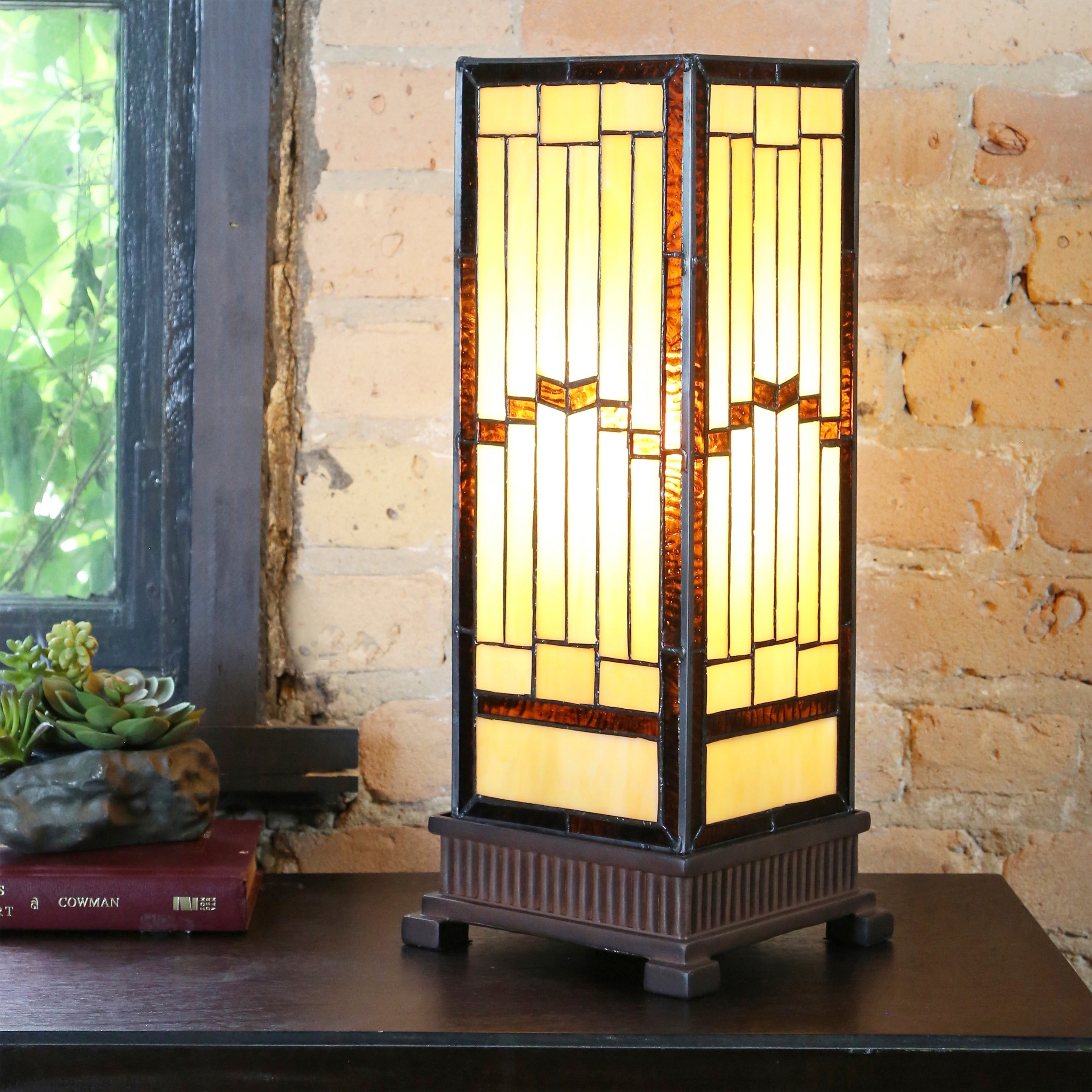 The Curated Nomad Wexler Mission Style Stained Glass Rustic 17 Inch Hurricane Accent Lamp