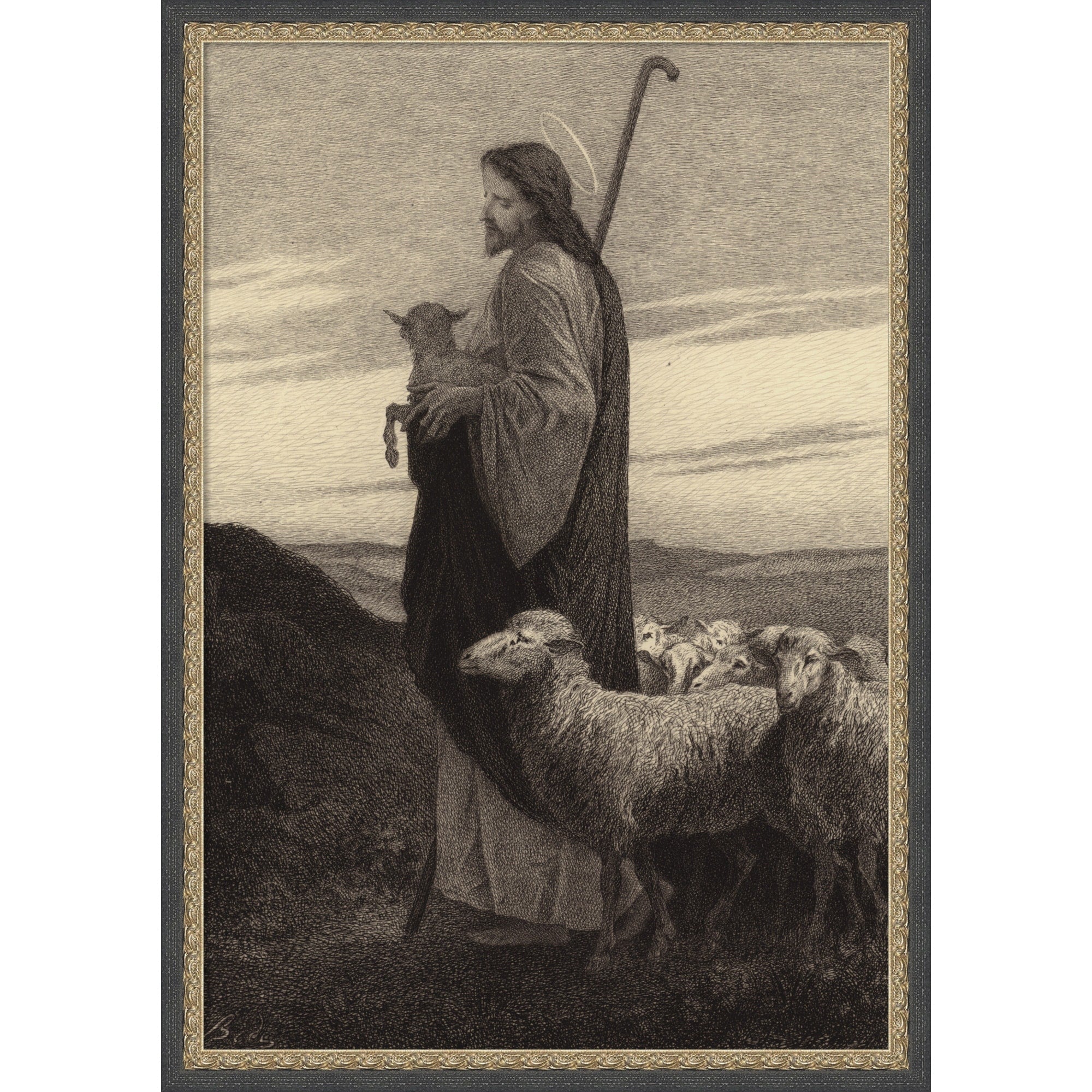 The Good Shepherd By Albert Robida Framed Mounted Canvas Wall Art Print