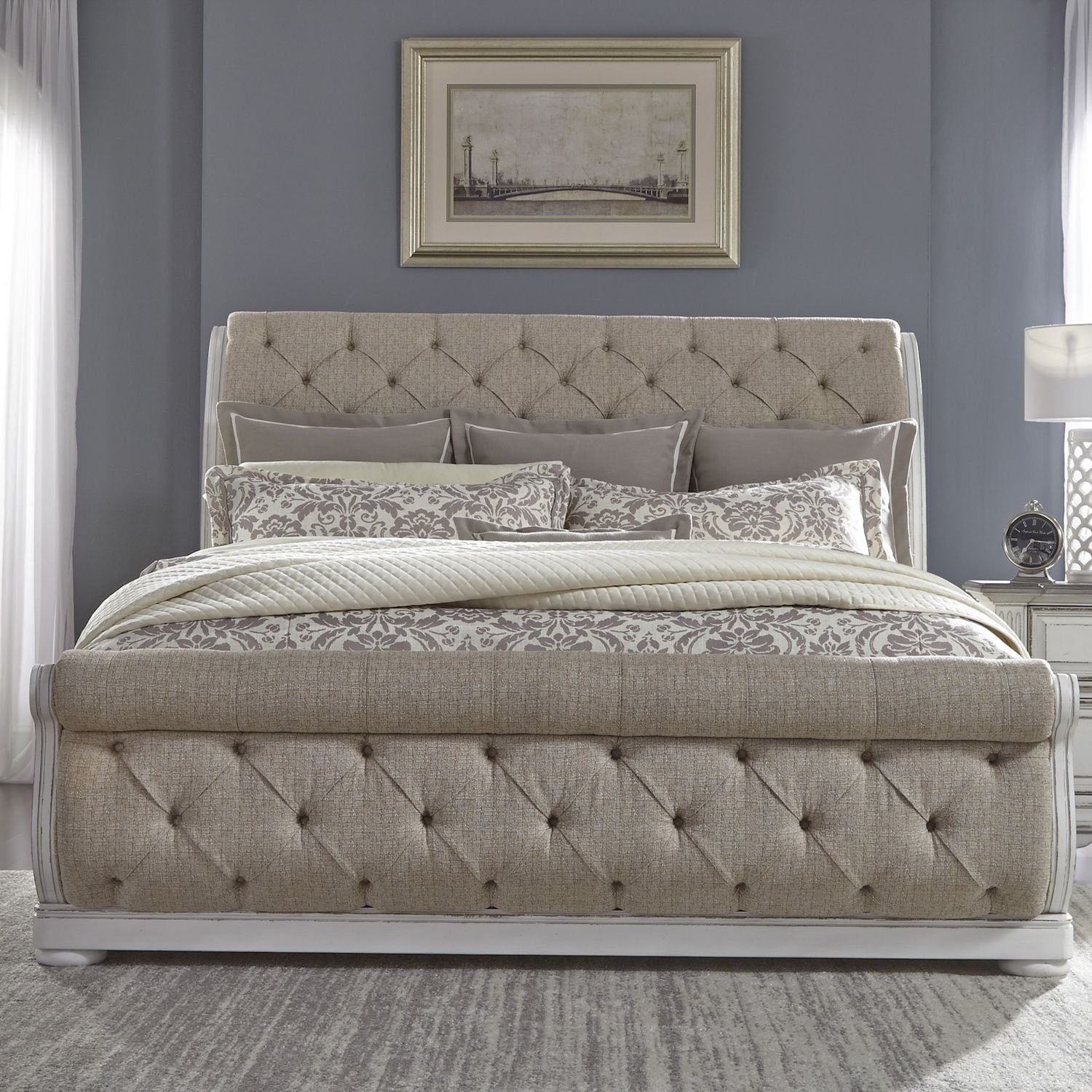 Abbey Park Antique White Queen Upholstered Sleigh Bed