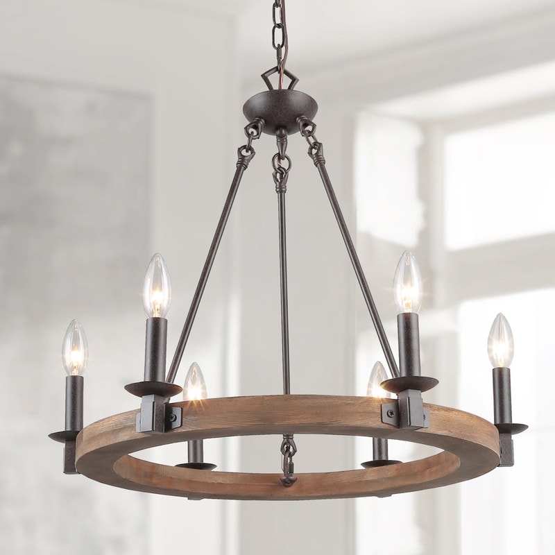 The Gray Barn Silver Vista 6 Light Farmhouse Wood Pendant Chandelier Lighitng For Kitchen