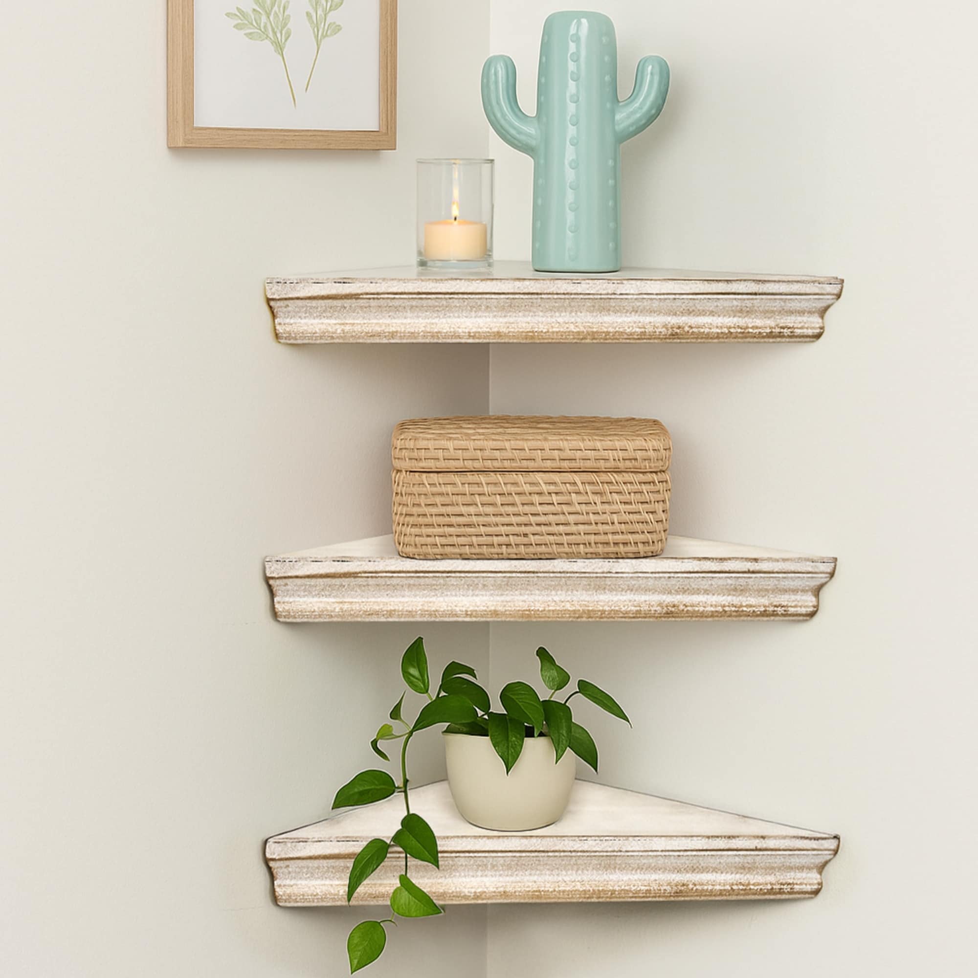The Gray Barn Haven Whitewashed Wood Floating Corner Shelves Set Of 3
