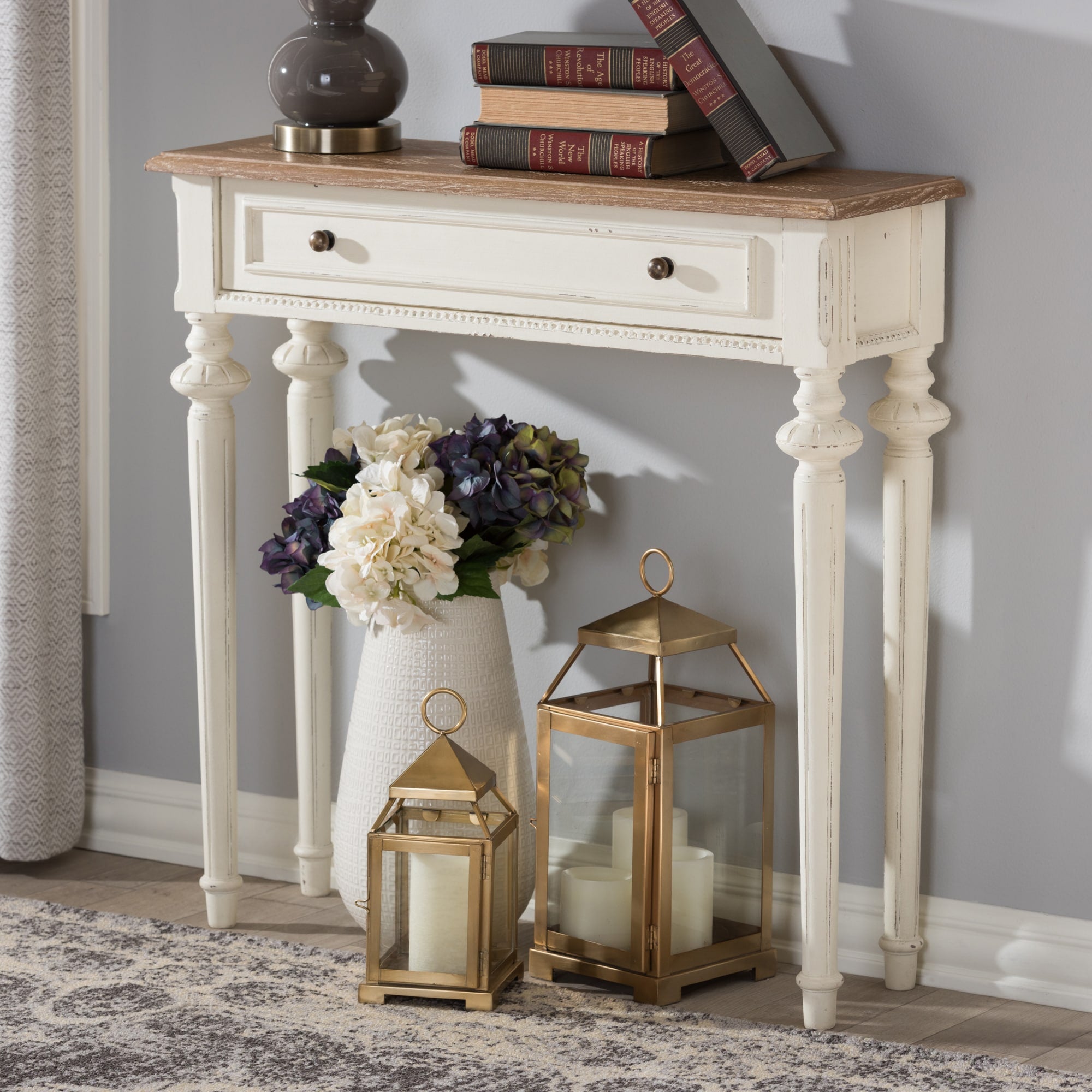 The Gray Barn Keene French Provincial Style Weathered Oak And White Wash Distressed Finish Wood Console Table