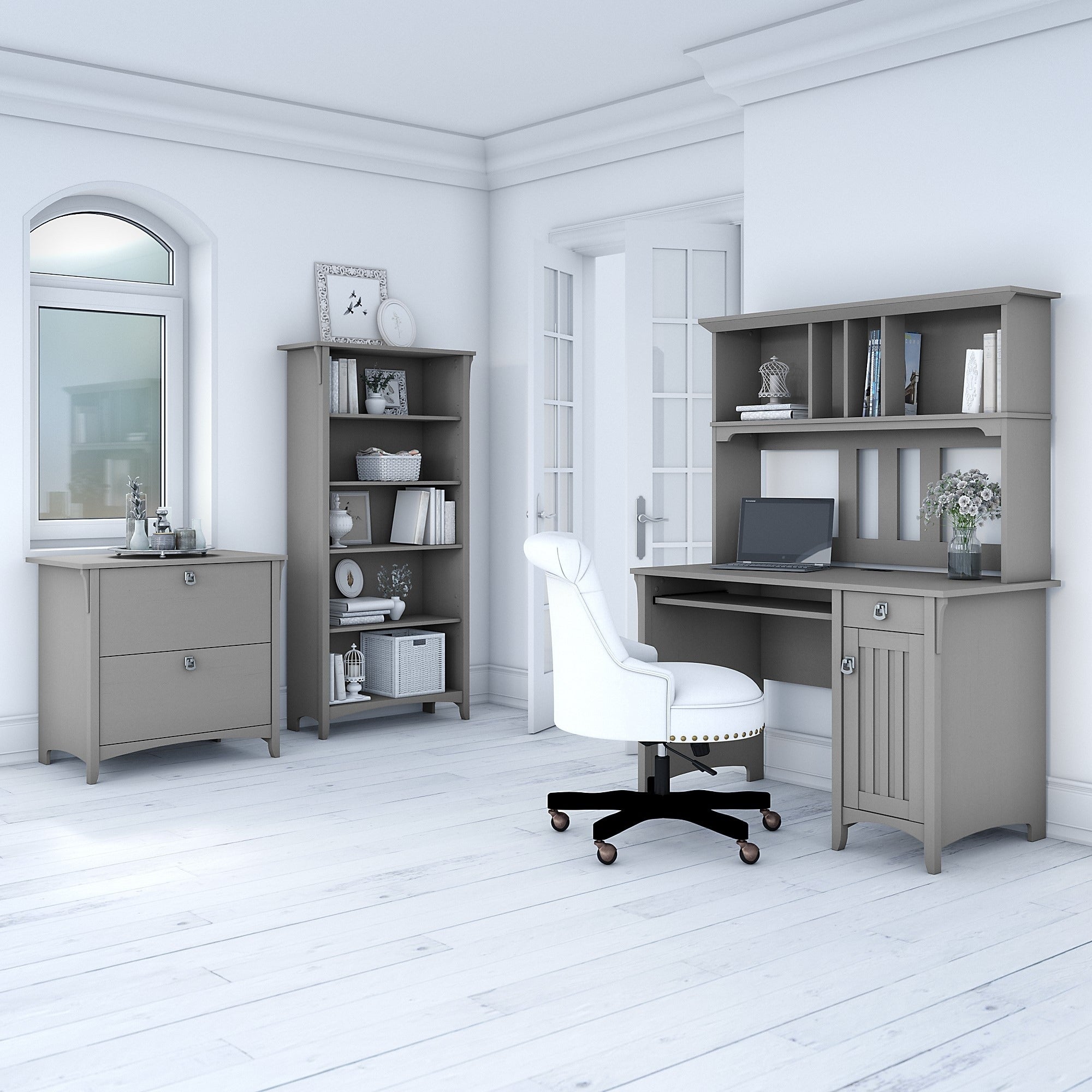 The Gray Barn Lowbridge Mission Cape Cod Grey Desk With Hutch Lateral File Cabinet And 5 Shelf Bookcase