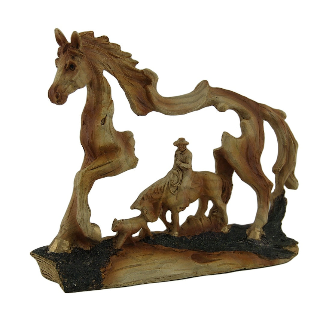 The Wrangler Cowboy In Horse Faux Carved Wood Openwork Statue 5.5 X 7 X 1.5 Inches