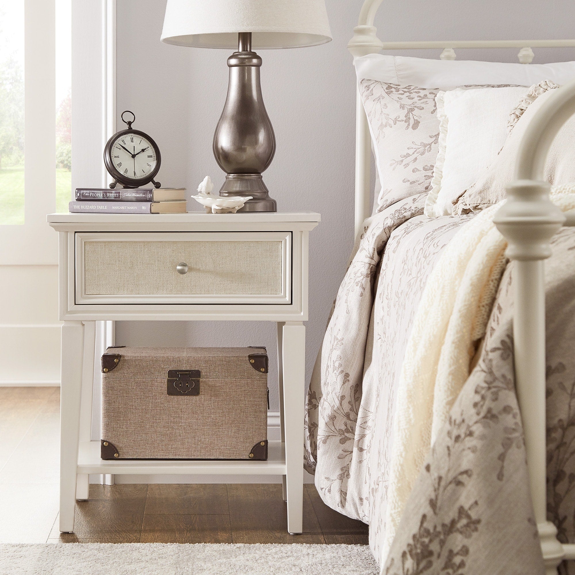 Copper Grove Bons White Finish Beige Linen Drawer Face 1 Drawer Nightstand